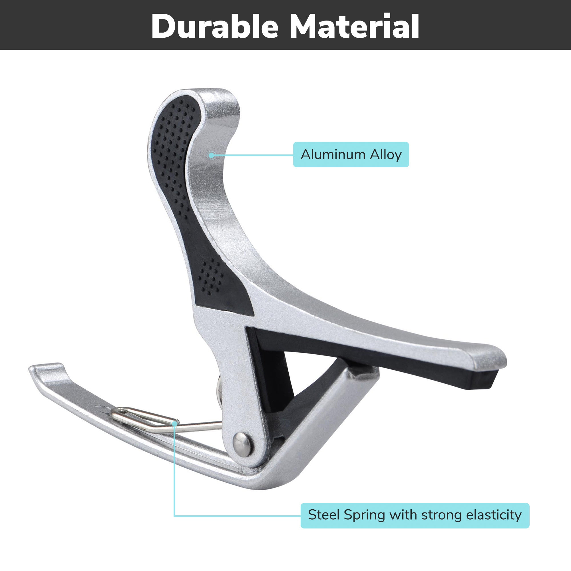 Aluminum alloy silver Guitar Capo with black rubber padding, isolated on a white background.
