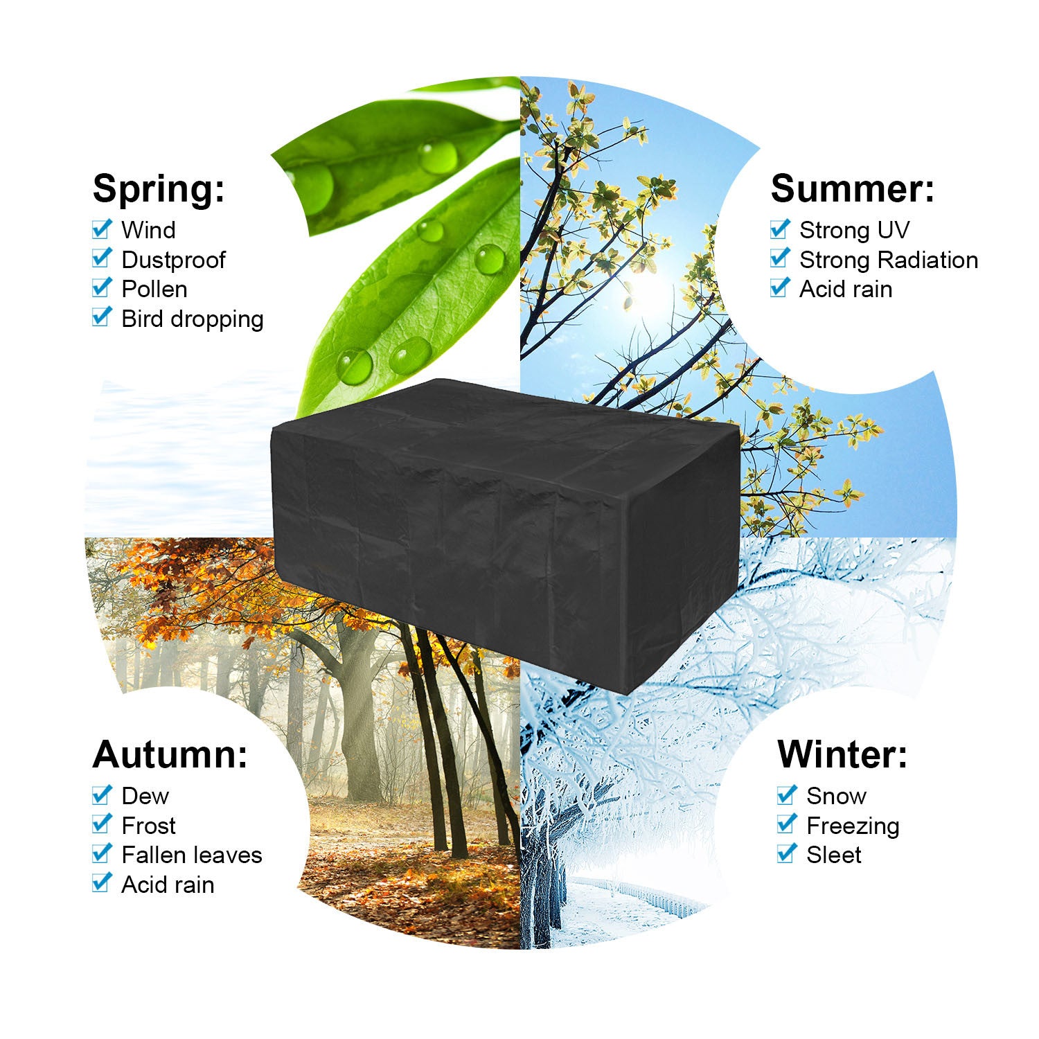 Large black 210D Waterproof Outdoor Furniture Cover made of Oxford cloth on a balcony, labeled as waterproof, anti-UV, windproof, and snow resistant, with an inset showing the cover in use and its storage bag.