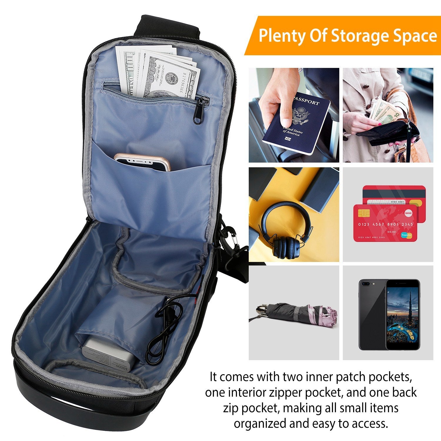A Men's Sling Backpack Waterproof Anti-theft Shoulder Crossbody Chest Bag Messenger Sling Bag Daypack with USB Charging Port, featuring a smooth outer surface and an adjustable shoulder strap, isolated on a white background.