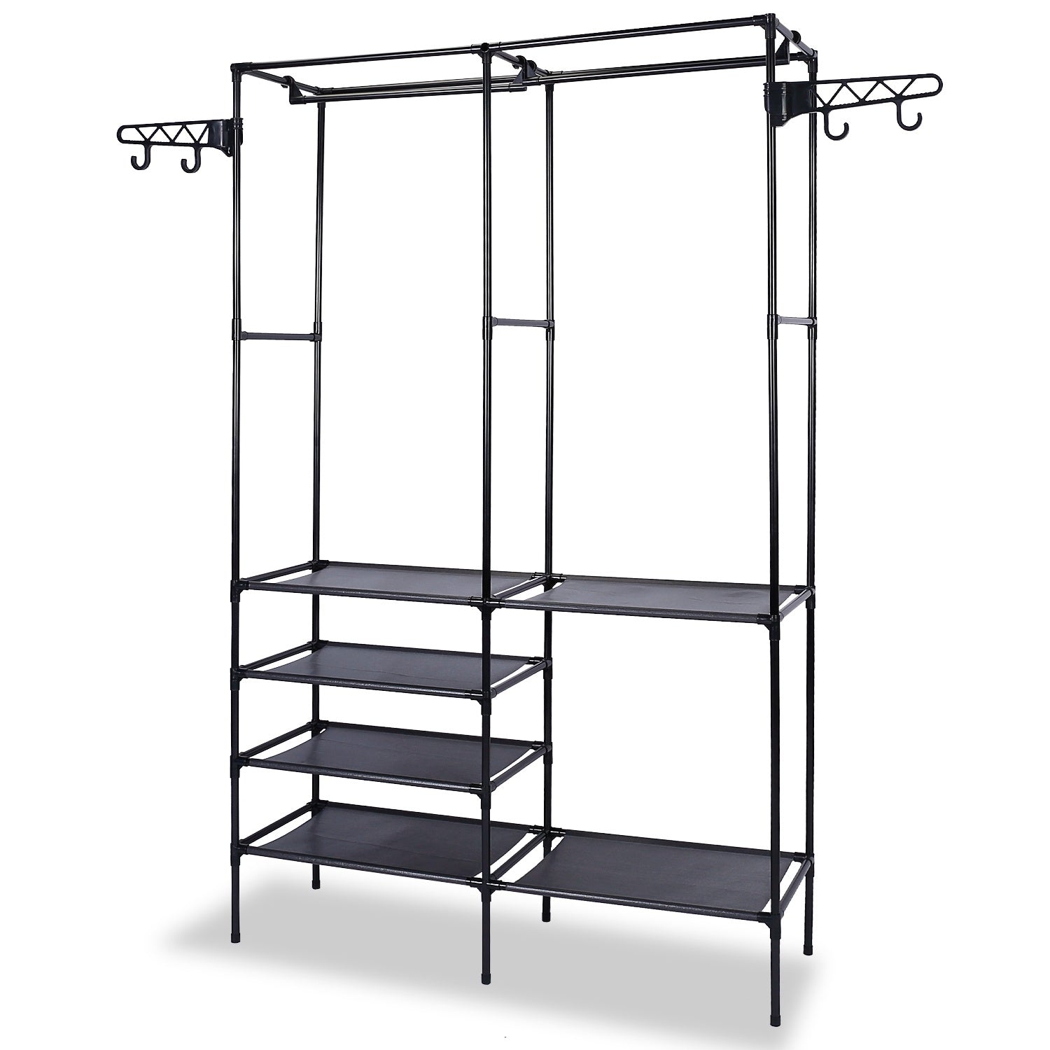 Black Metal Garment Rack Shoe Clothing Organizer Shelves Freestanding Multifunctional Clothes Wardrobe with multiple shelves and hanging bars, featuring additional hooks on the top side for extra storage.