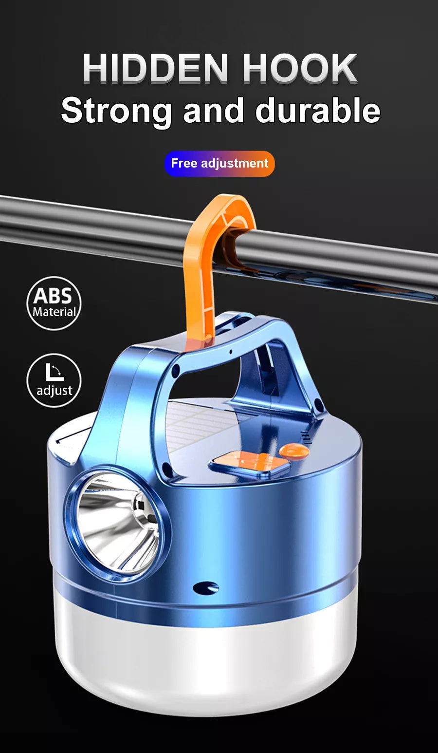 A blue 3N1 Solar Lantern With Remote hanging from a tree branch in a forest setting, ideal for outdoor adventures.