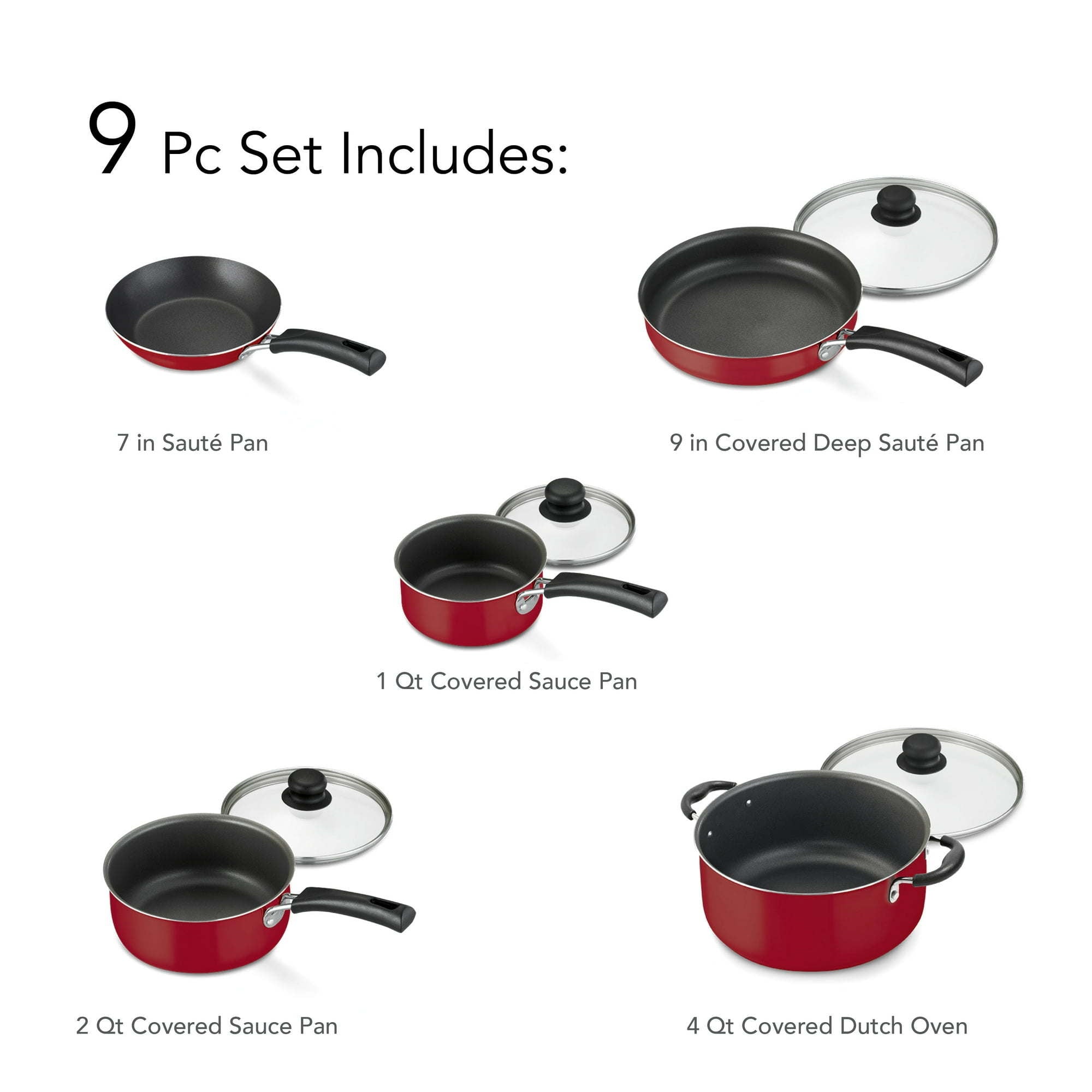 A set of new 9-Piece Non-Stick Cookware Set including two pots, a saucepan, and two frying pans, all with tempered glass lids and black handles, arranged on a white background.