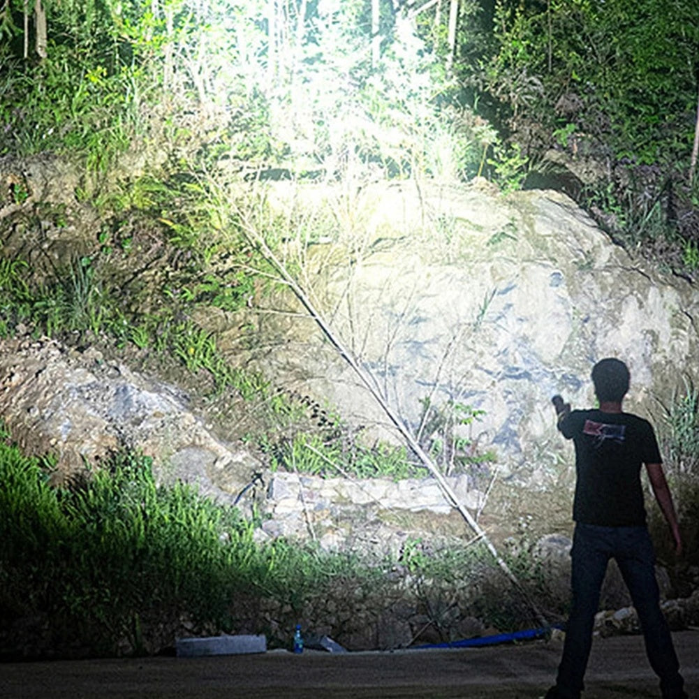 Two modern portable Flash Flashlights with built-in radios and USB fast direct charging ports, one displayed open to show the radio, both emitting light from their bases.