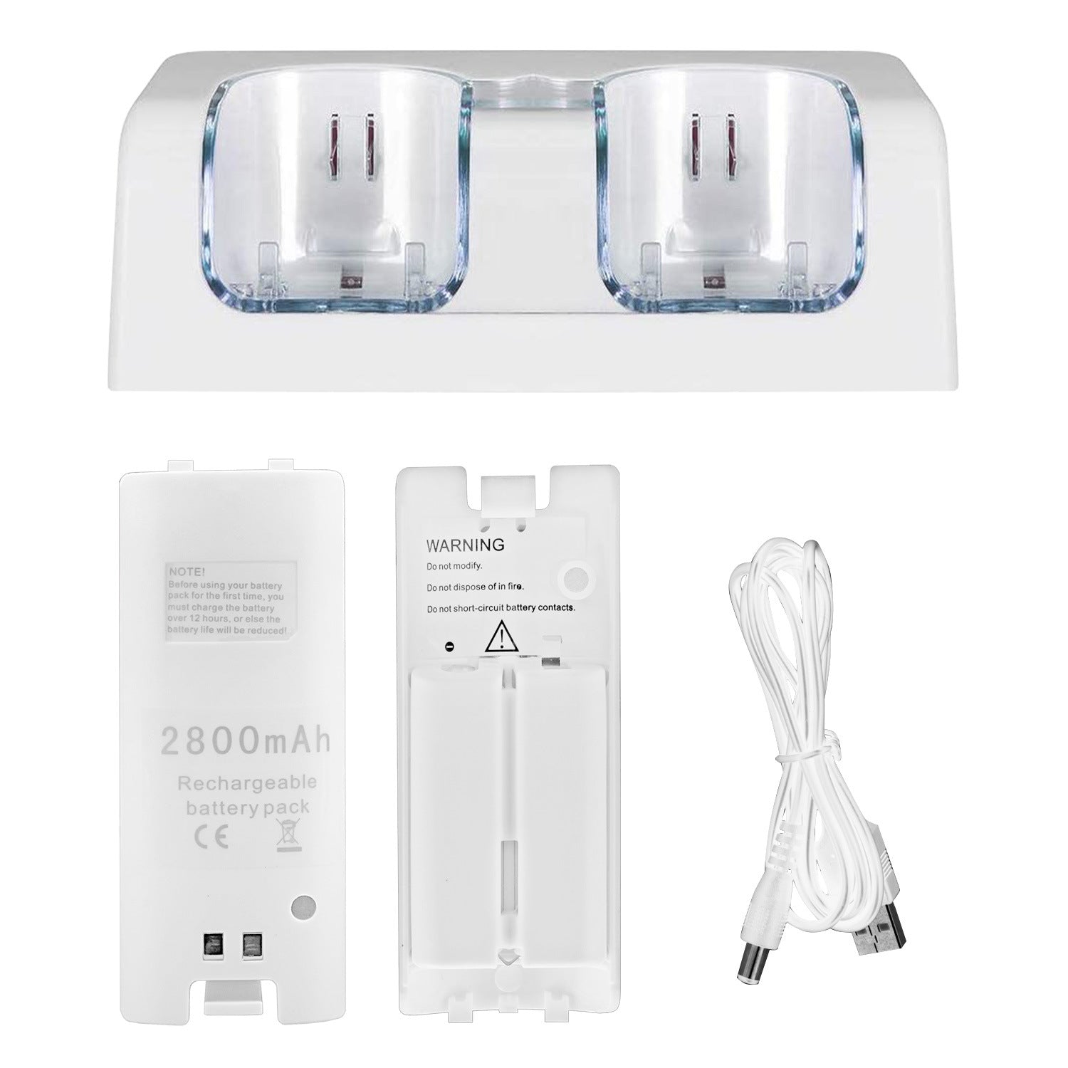 A For Wii Remote Controller Charger Dual Charge Dock with Two 2800mAh Rechargeable Batteries station for gaming controllers with rechargeable batteries, a USB cable, and safety feature icons displayed.