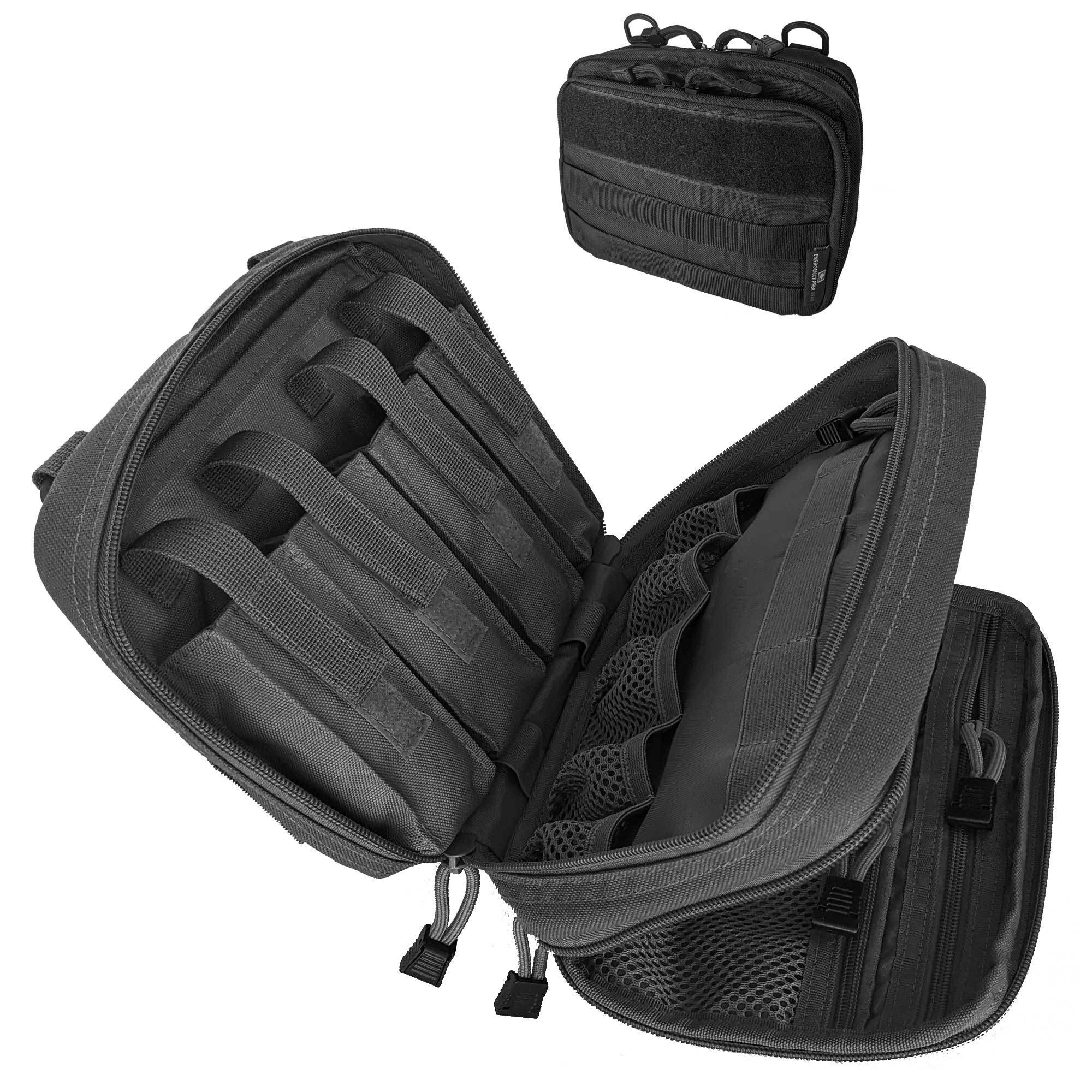 Open black tactical backpack displaying internal compartments and a detached Excursion Gear Organizer, isolated on a white background.