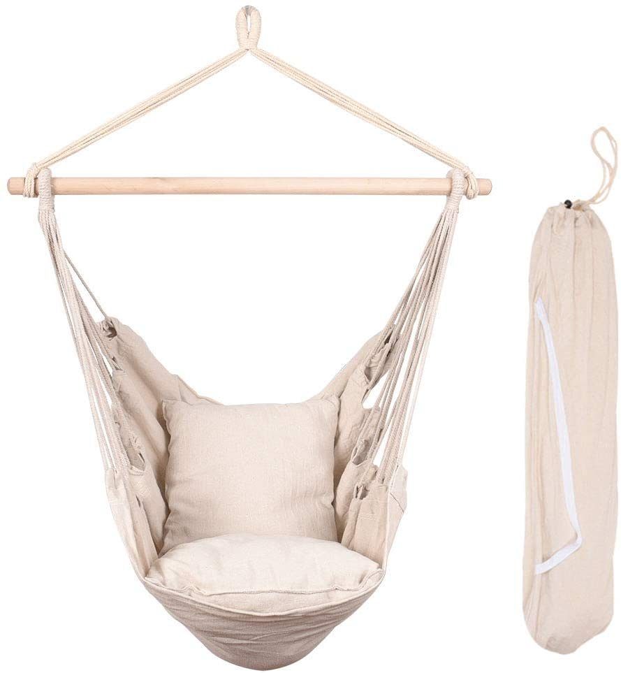 A beige canvas Hammocks Hanging Rope Hammock Chair Swing Seat with Two Seat Cushions and Carrying Bag, displayed against a white background, includes a side view showing the chair rolled up.