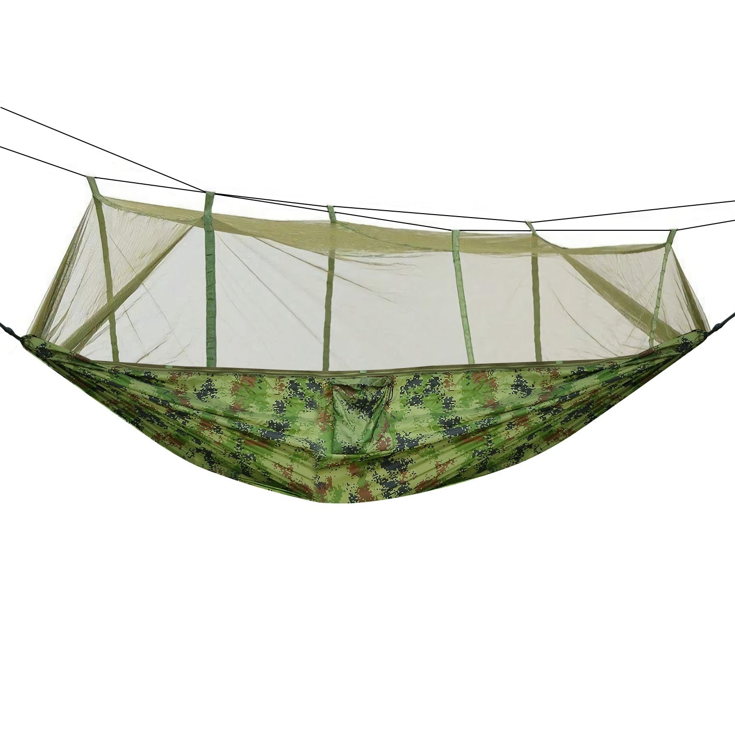 600lbs Load 2 Persons Hammock with Mosquito Net Outdoor Hiking Camping Hommock Portable Nylon Swing Hanging Bed, suspended by ropes on a white background.