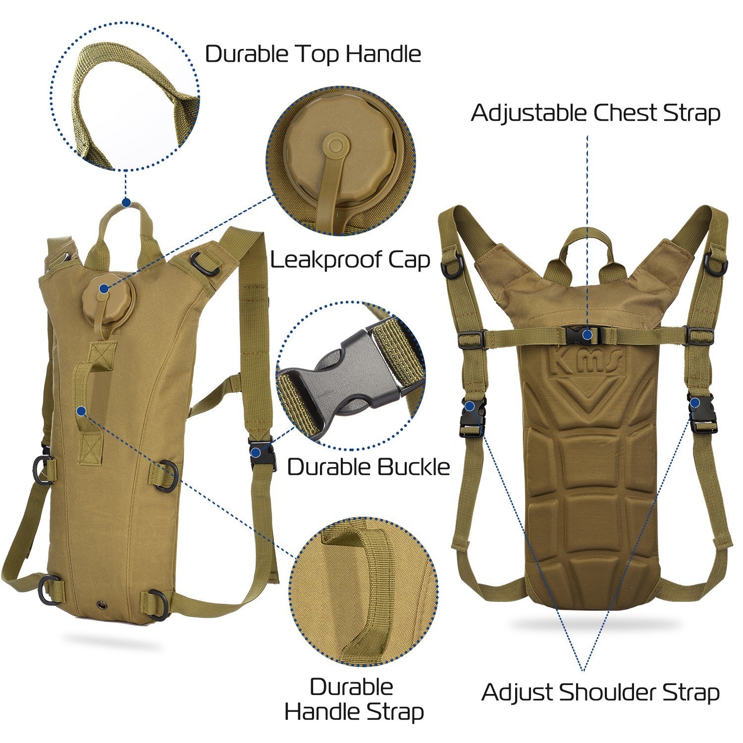 Tactical Hydration Pack suitable for running, cycling, and climbing. Includes water bladder, camo backpack, and icons indicating BPA-free material.