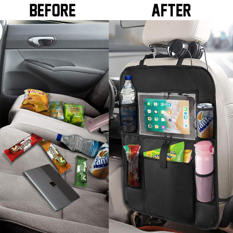 Two Backseat Car Organizers - 2PK, equipped with tablet holders and filled with items like bottles, snacks, and electronics, installed in a vehicle.