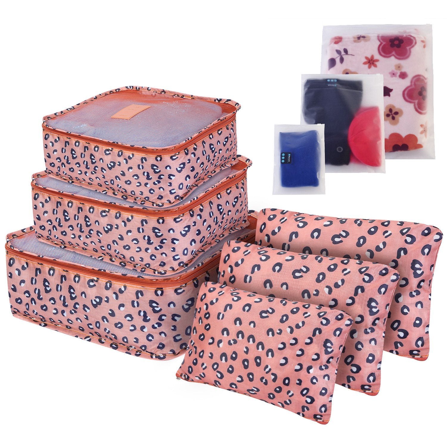 Set of four 9Pcs Clothes Storage Bags Water-Resistant Travel Luggage Organizer Clothing Packing Cubes of varying sizes with clothing items, displayed next to a folded floral blouse, all on a white background.