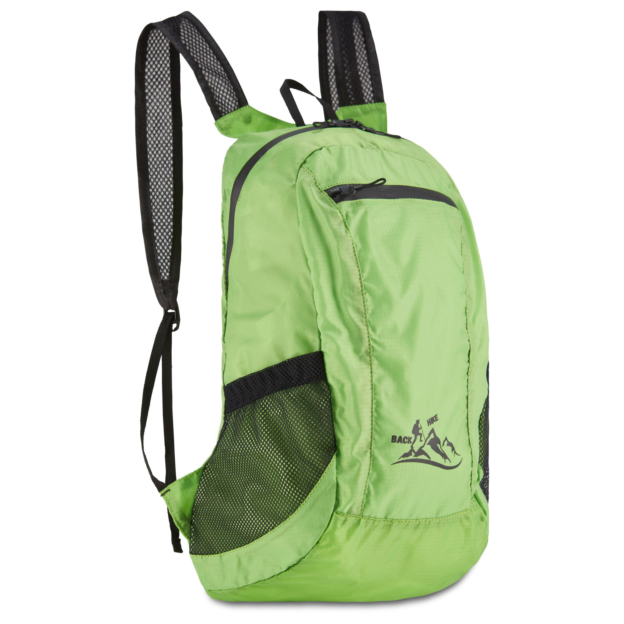 A hand holding a small, black HIKE Back- Folding Backpack with a white hiker icon printed on it, isolated against a white background.