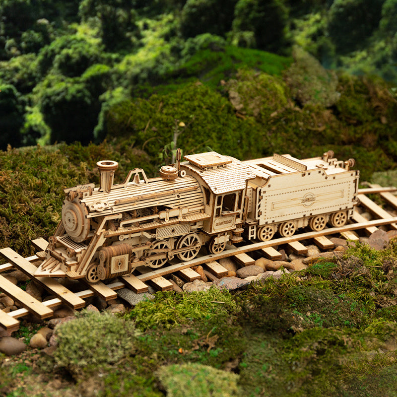 A detailed Robotime ROKR 3D Wooden Puzzle Toy Assembly Model Building Kit of a classic steam locomotive with intricate designs, displayed on a solid white background. No glue required.