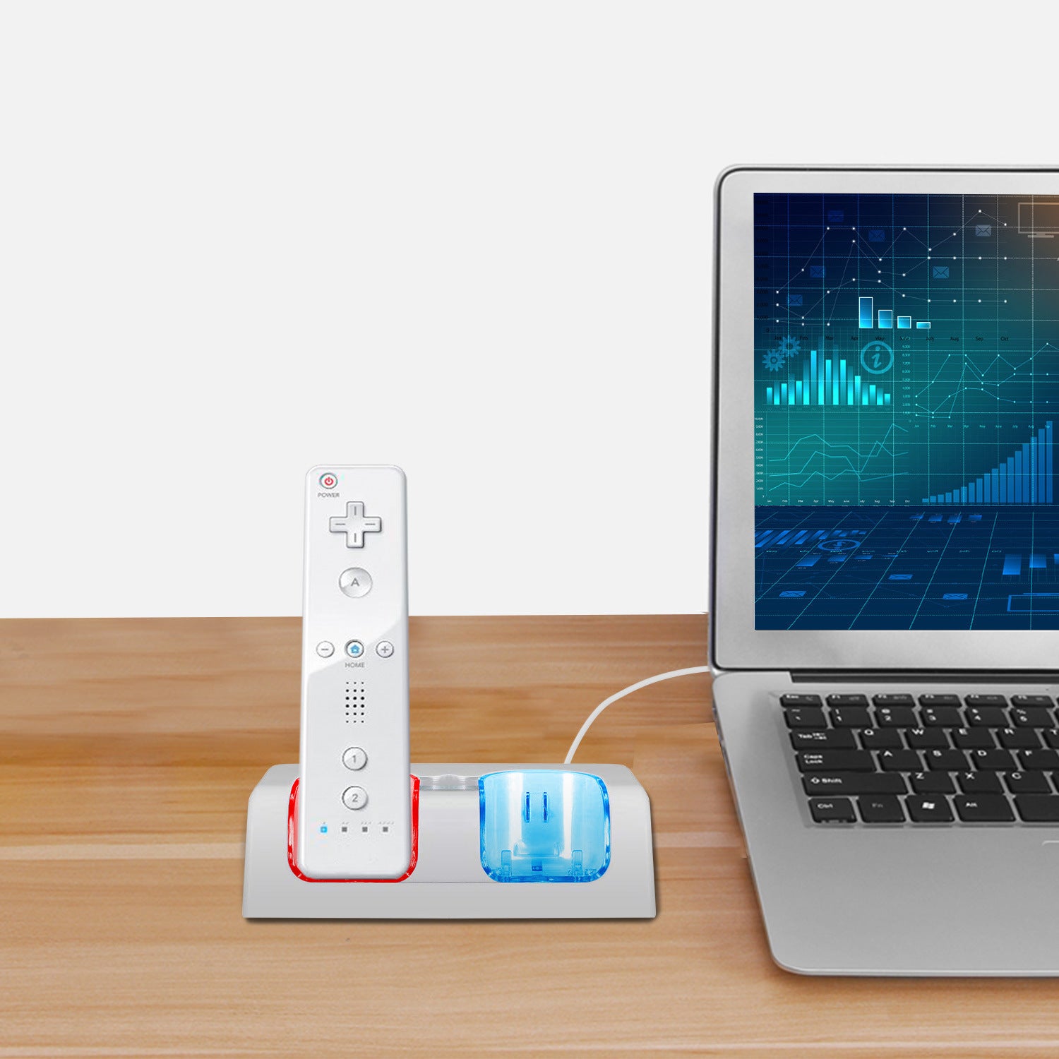 A For Wii Remote Controller Charger Dual Charge Dock with Two 2800mAh Rechargeable Batteries station for gaming controllers with rechargeable batteries, a USB cable, and safety feature icons displayed.