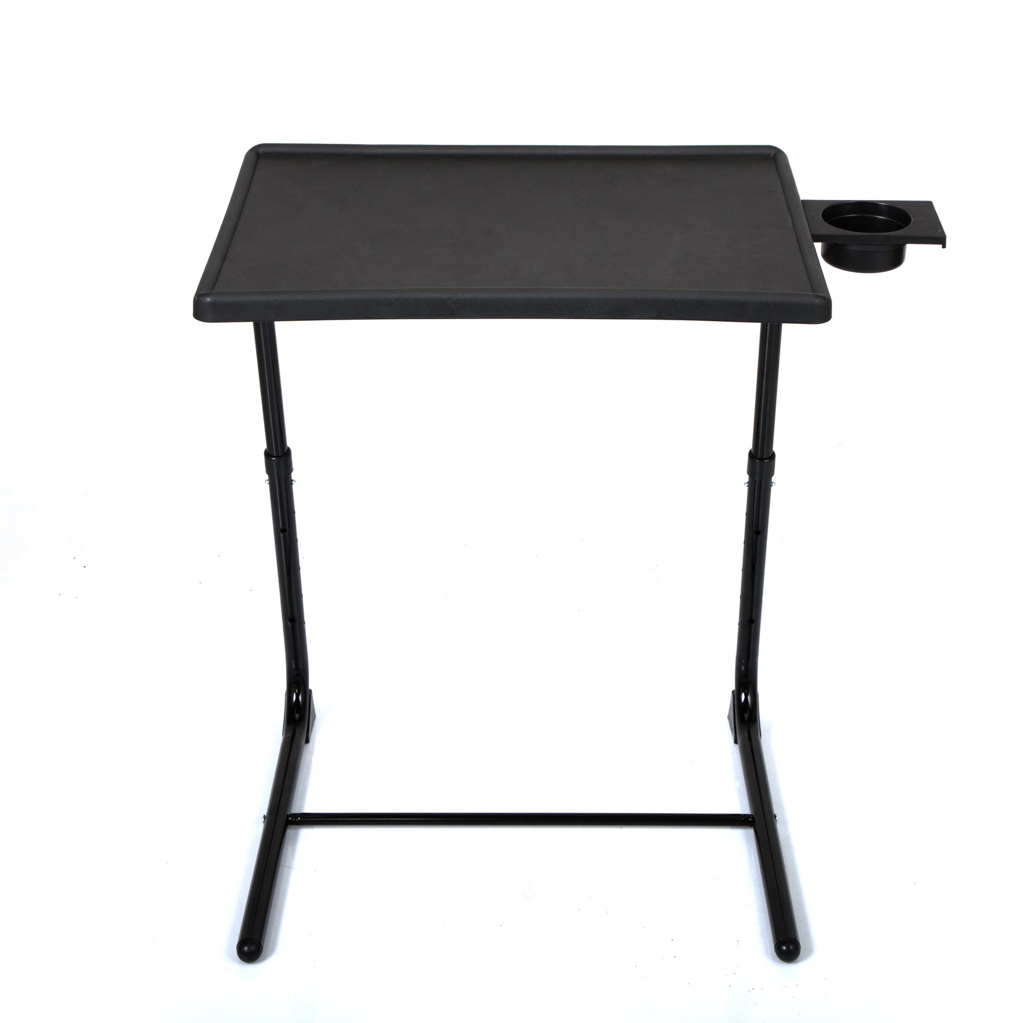 Black Adjustable TV Tray Table with Cup Holder;  Folding TV Dinner Table with 6 Height and 3 Tilt Angle Adjustments, isolated on a white background.