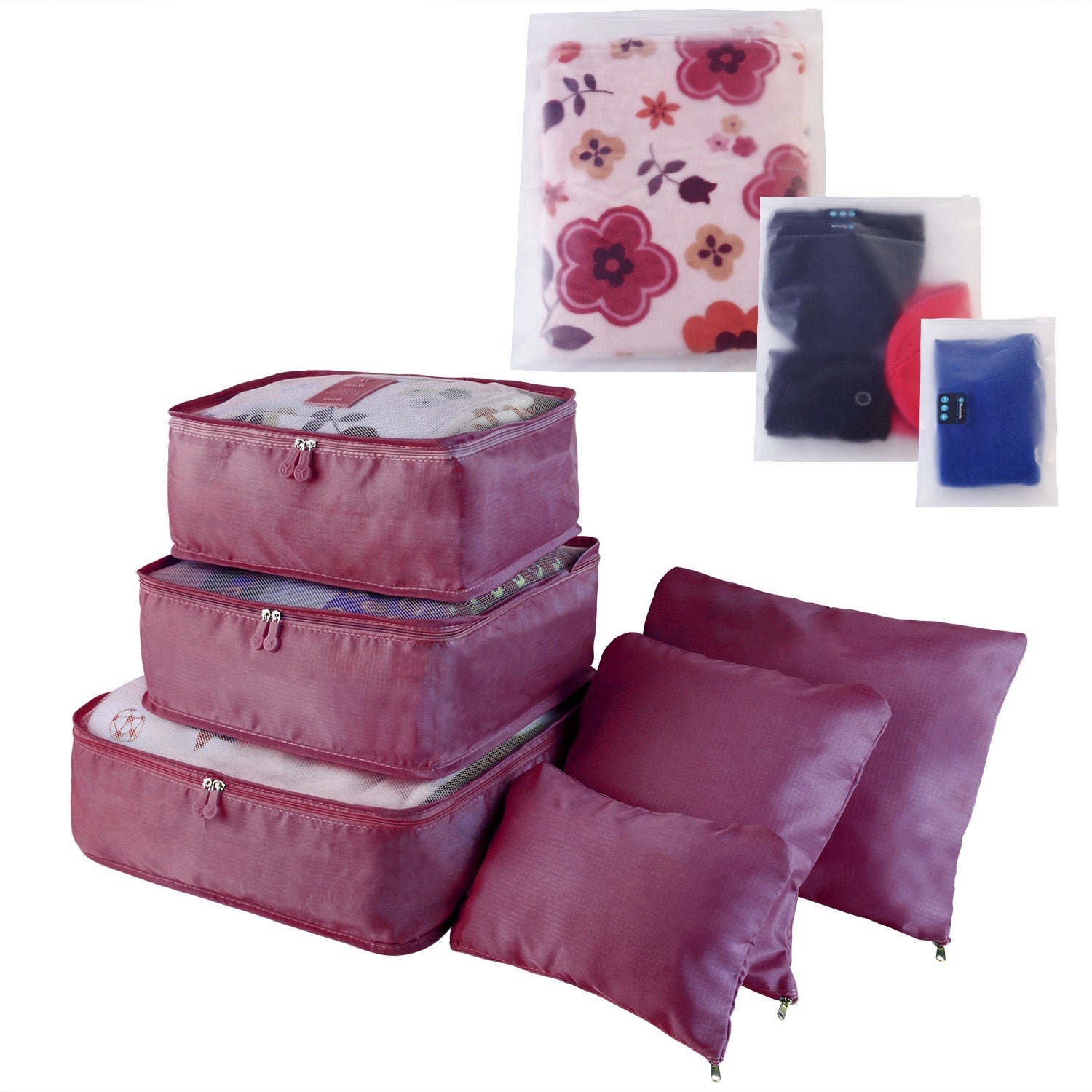 Set of four 9Pcs Clothes Storage Bags Water-Resistant Travel Luggage Organizer Clothing Packing Cubes of varying sizes with clothing items, displayed next to a folded floral blouse, all on a white background.