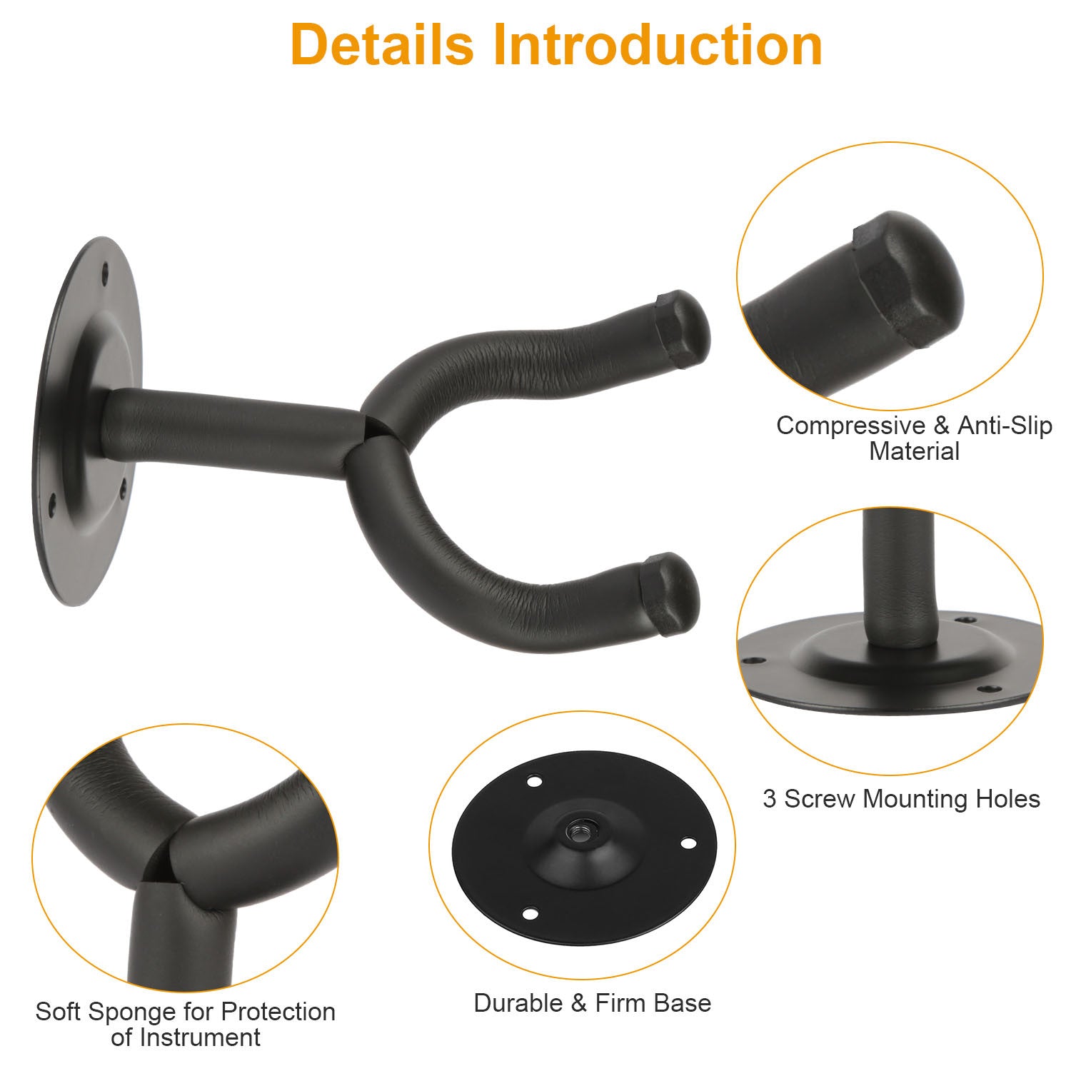 A black Wall Mount Guitar Hanger Padded Steel Guitar Bracket Holder Hook Rack, shown in use holding a guitar, and emphasizing features like guitar protection and durability.