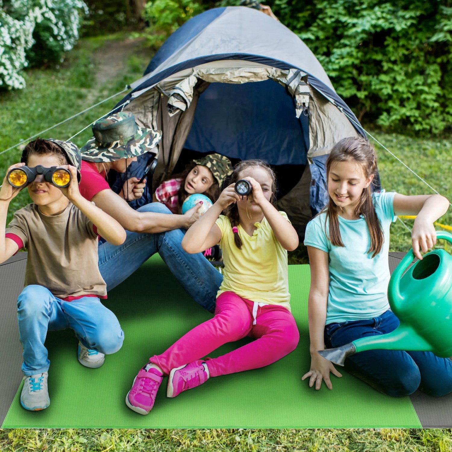 108x96.46in Sand Proof Picnic Blanket Water Resistant Foldable Camping Beach Mat with stakes and a carry bag, isolated on a white background.