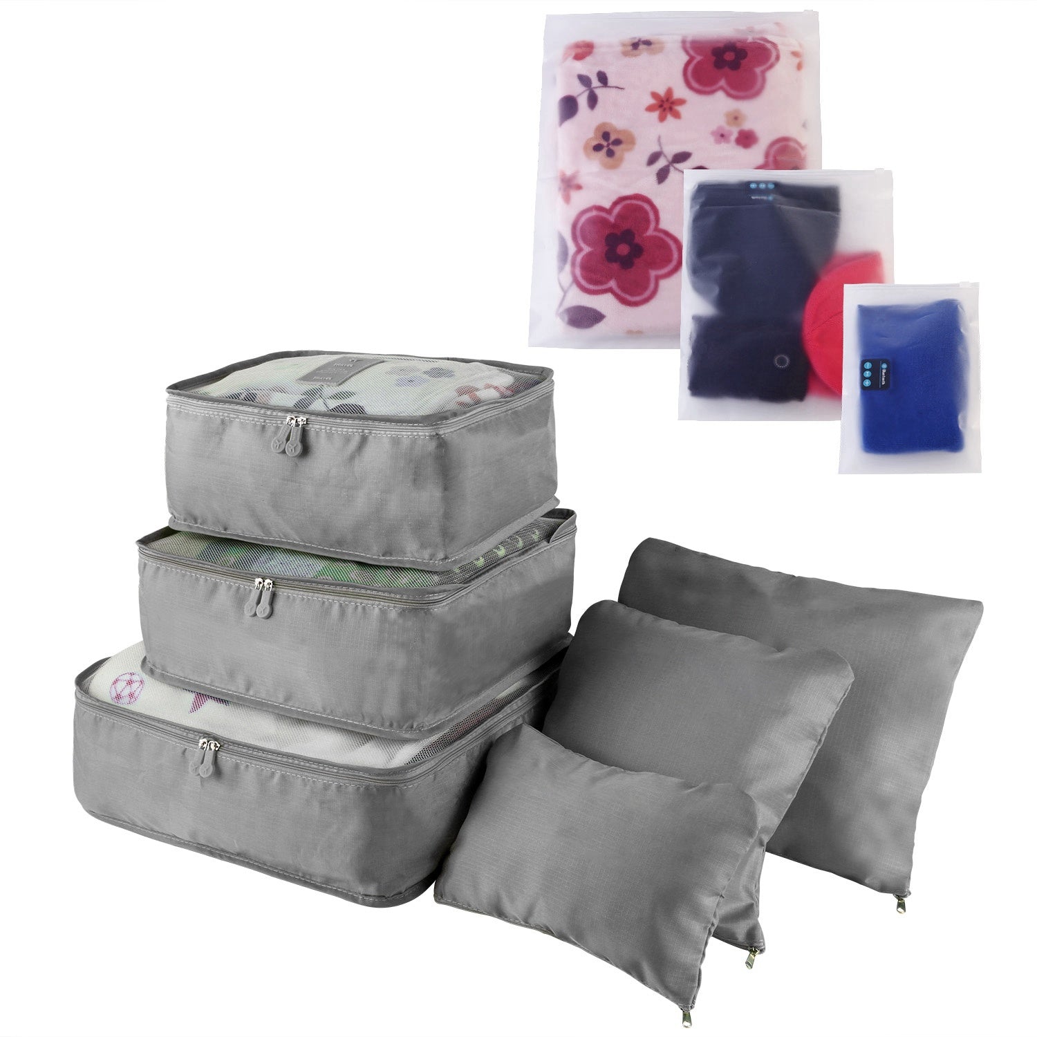 Set of four 9Pcs Clothes Storage Bags Water-Resistant Travel Luggage Organizer Clothing Packing Cubes of varying sizes with clothing items, displayed next to a folded floral blouse, all on a white background.