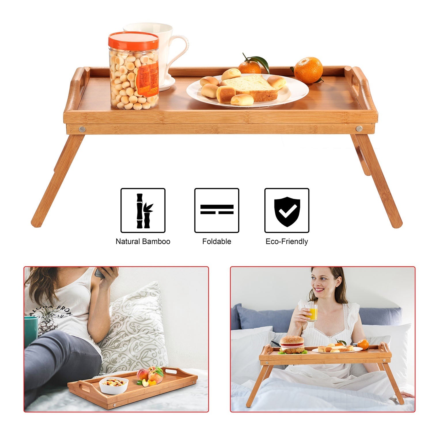 Bamboo Folding Bed Table Breakfast Tray with legs, holding a cup, fruits, a jar of nuts, and a plate with cheese and crackers, on a white background.