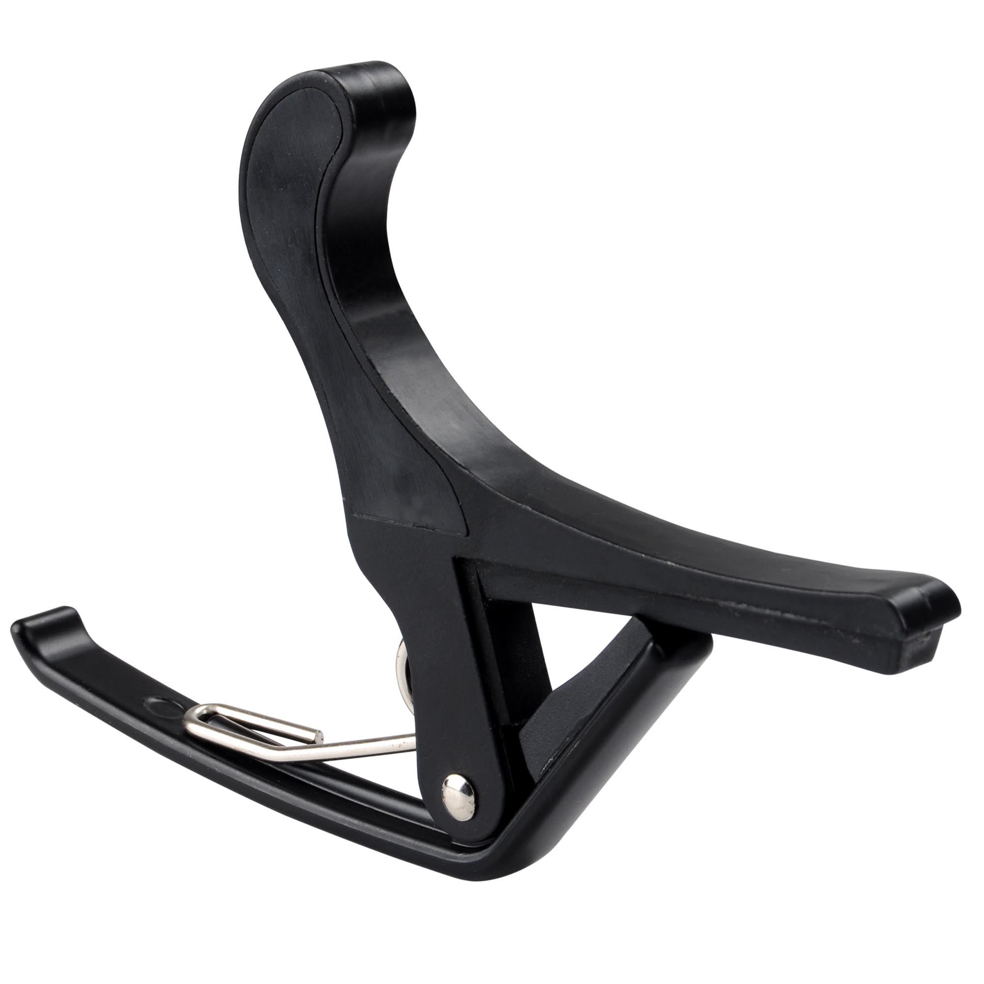 Black aluminum alloy Guitar Capo isolated on a white background, side view.