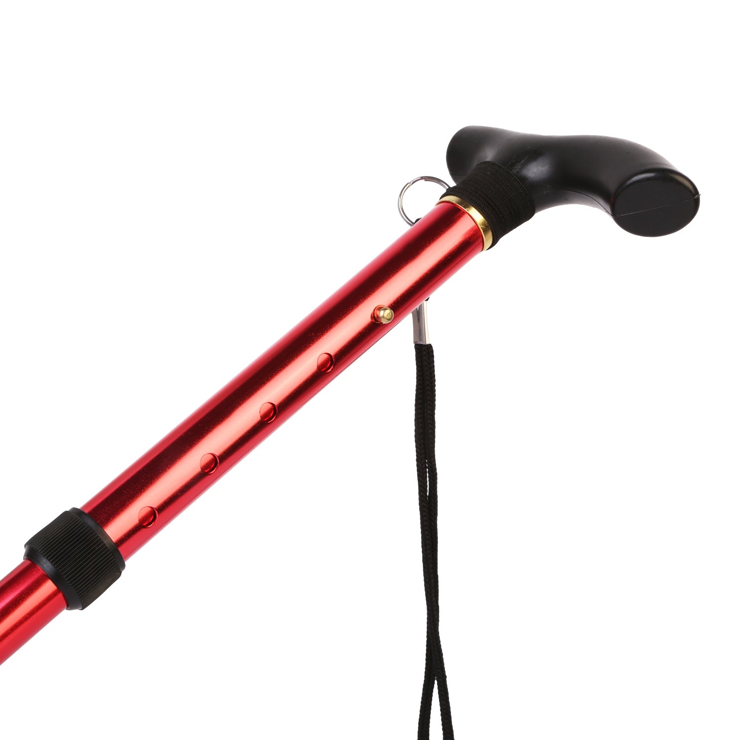 Red Walking Cane Aluminum Alloy Walking Stick Adjustable Folding Travel Hiking Stick extended and folded, isolated on a white background.