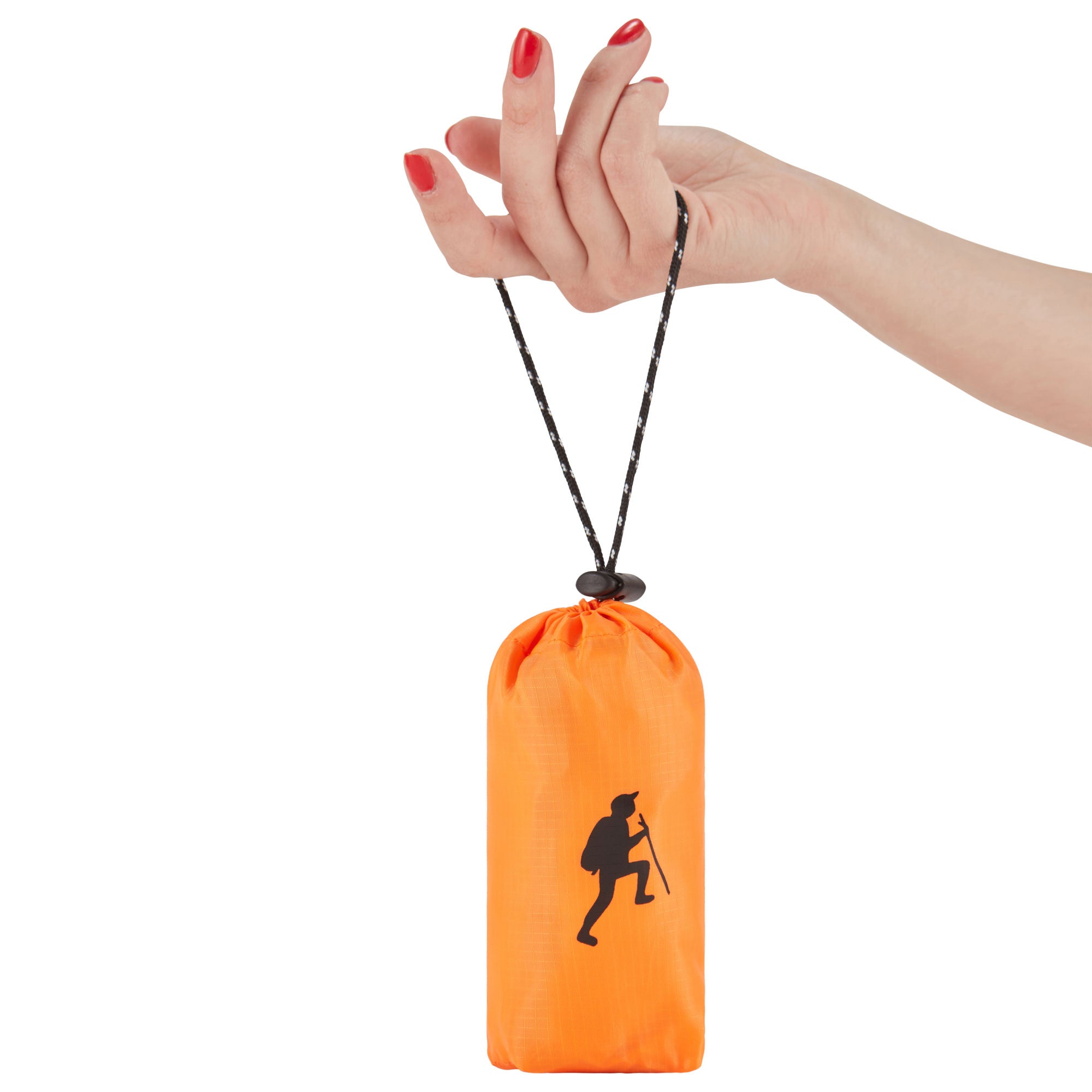 A hand holding a small, black HIKE Back- Folding Backpack with a white hiker icon printed on it, isolated against a white background.