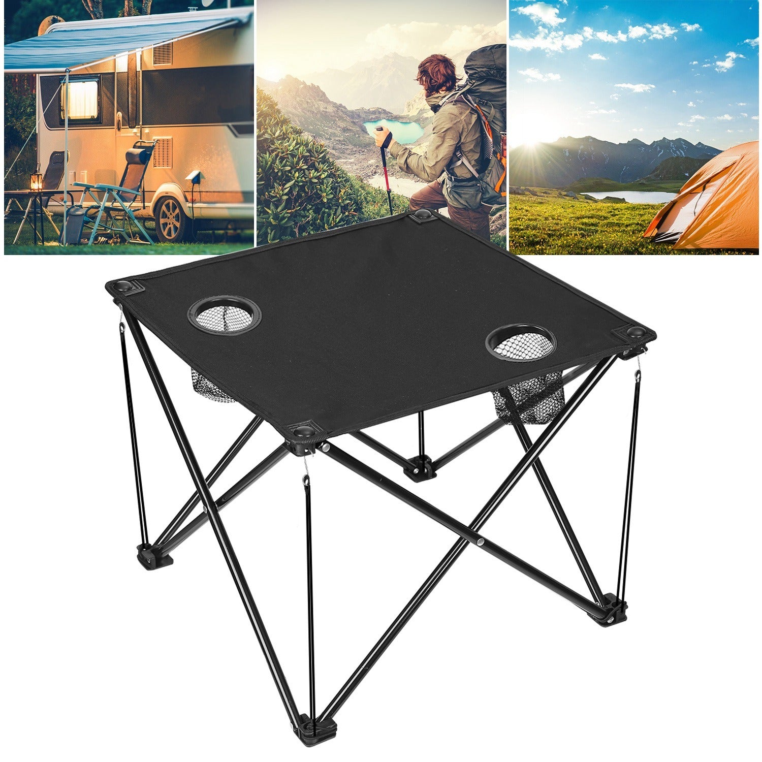 Portable black camping chair with two cup holders, made from sturdy 600D Oxford fabric, shown both set up and folded inside a carry bag.