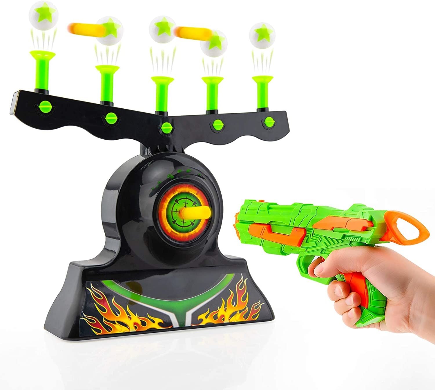 A toy hover shot game set, featuring a neon green and orange Shooting Targets for Nerf Guns Shooting Game Glow in The Dark Floating Ball Target Practice Toys for Kids Boys Hover Shot 1 Blaster Toy Gun 10 Soft Foam Balls 3 Darts Gift, floating ball targets on air streams, and packaging.