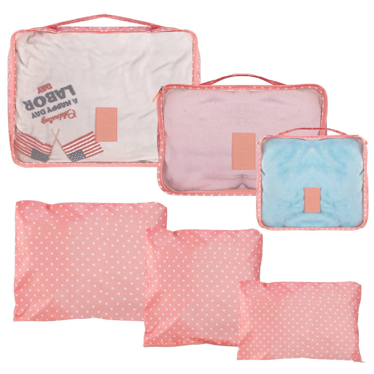 Set of four 9Pcs Clothes Storage Bags Water-Resistant Travel Luggage Organizer Clothing Packing Cubes of varying sizes with clothing items, displayed next to a folded floral blouse, all on a white background.