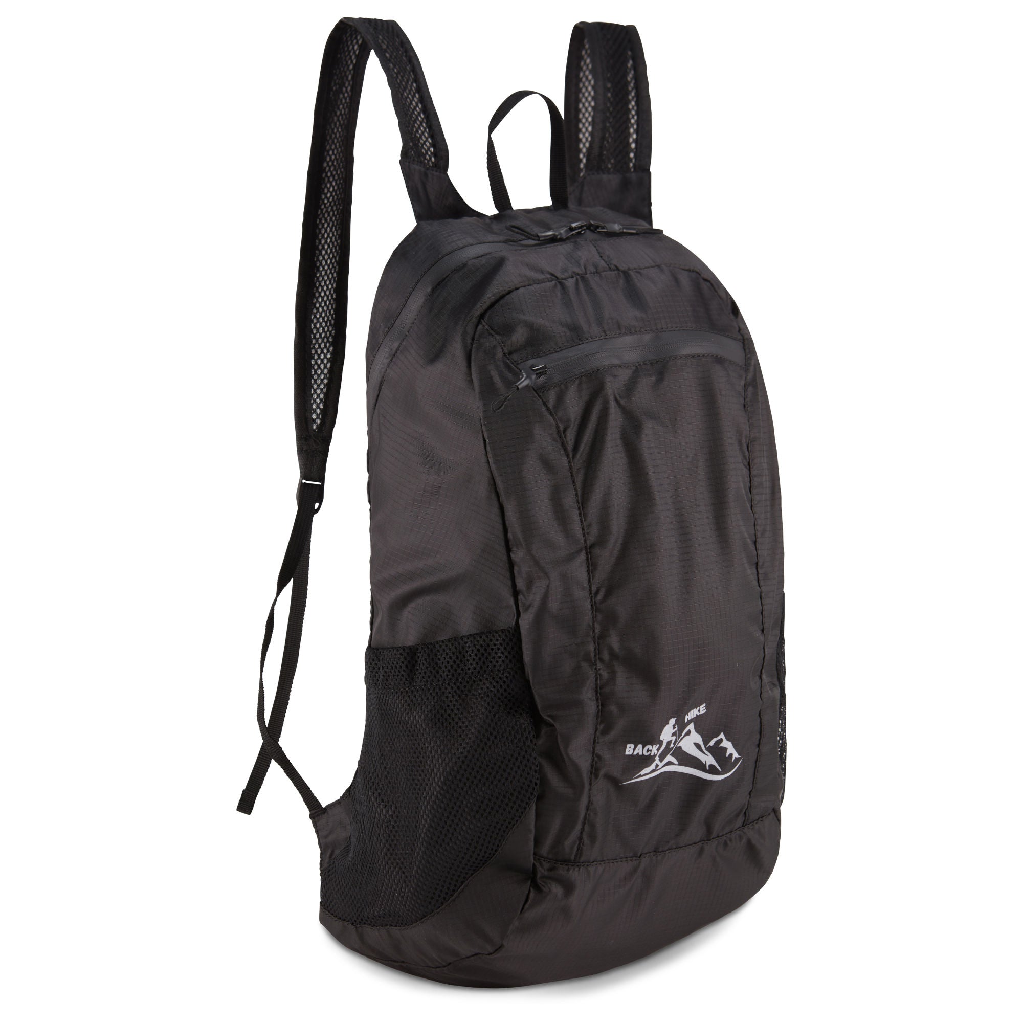 A hand holding a small, black HIKE Back- Folding Backpack with a white hiker icon printed on it, isolated against a white background.