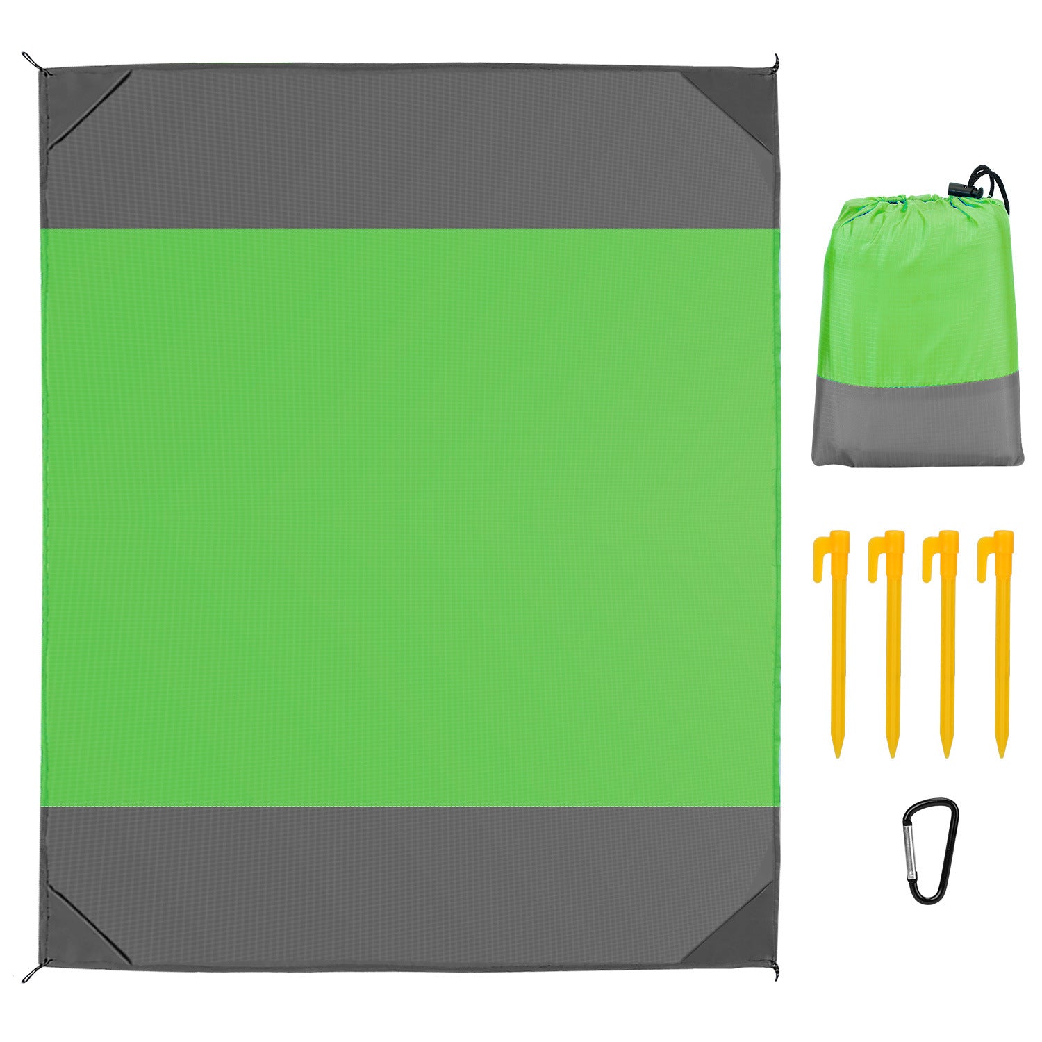 108x96.46in Sand Proof Picnic Blanket Water Resistant Foldable Camping Beach Mat with stakes and a carry bag, isolated on a white background.