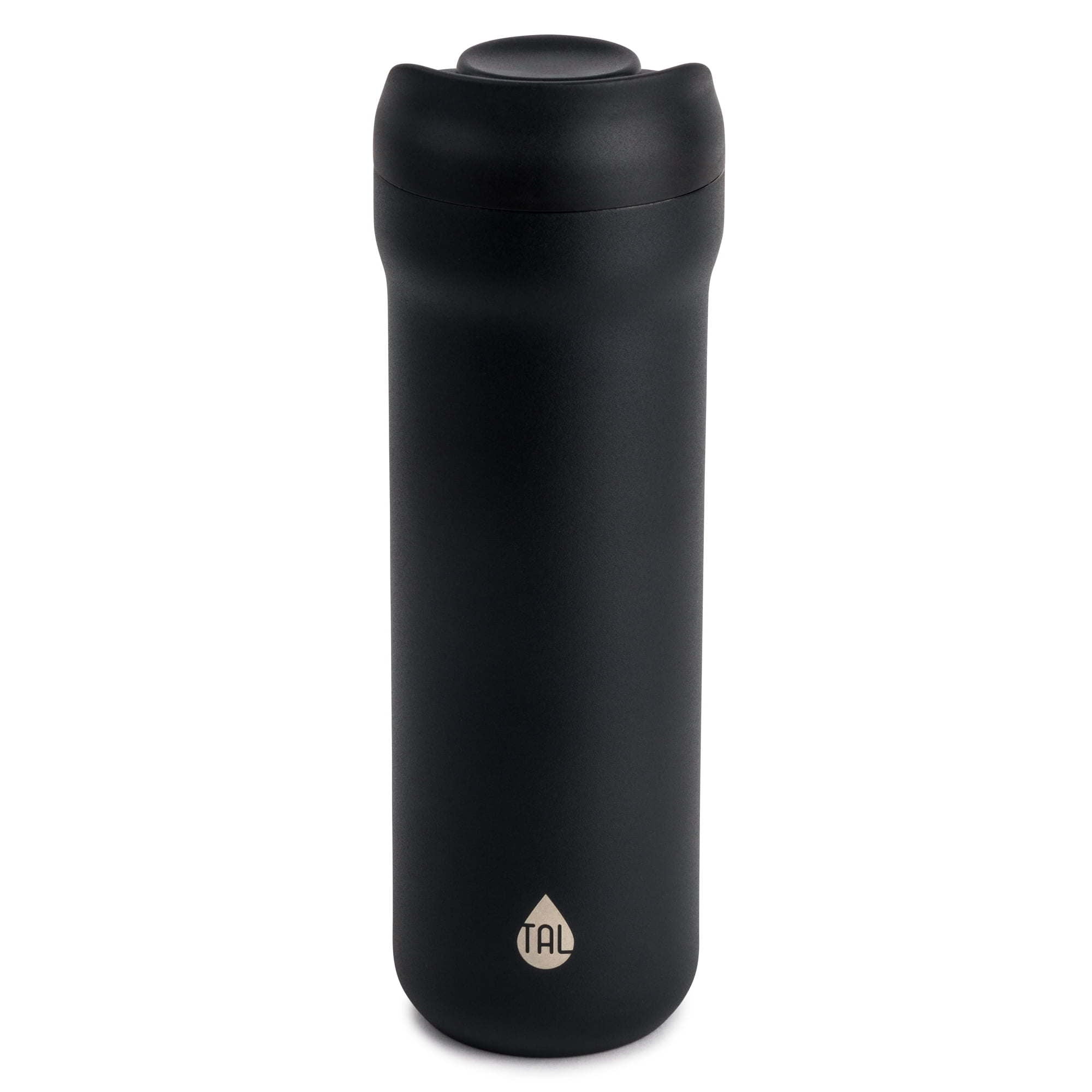 TAL Stainless Steel Java Coffee Tumbler 16 fl oz, Black insulated travel mug with a spill-proof lid on a white background.