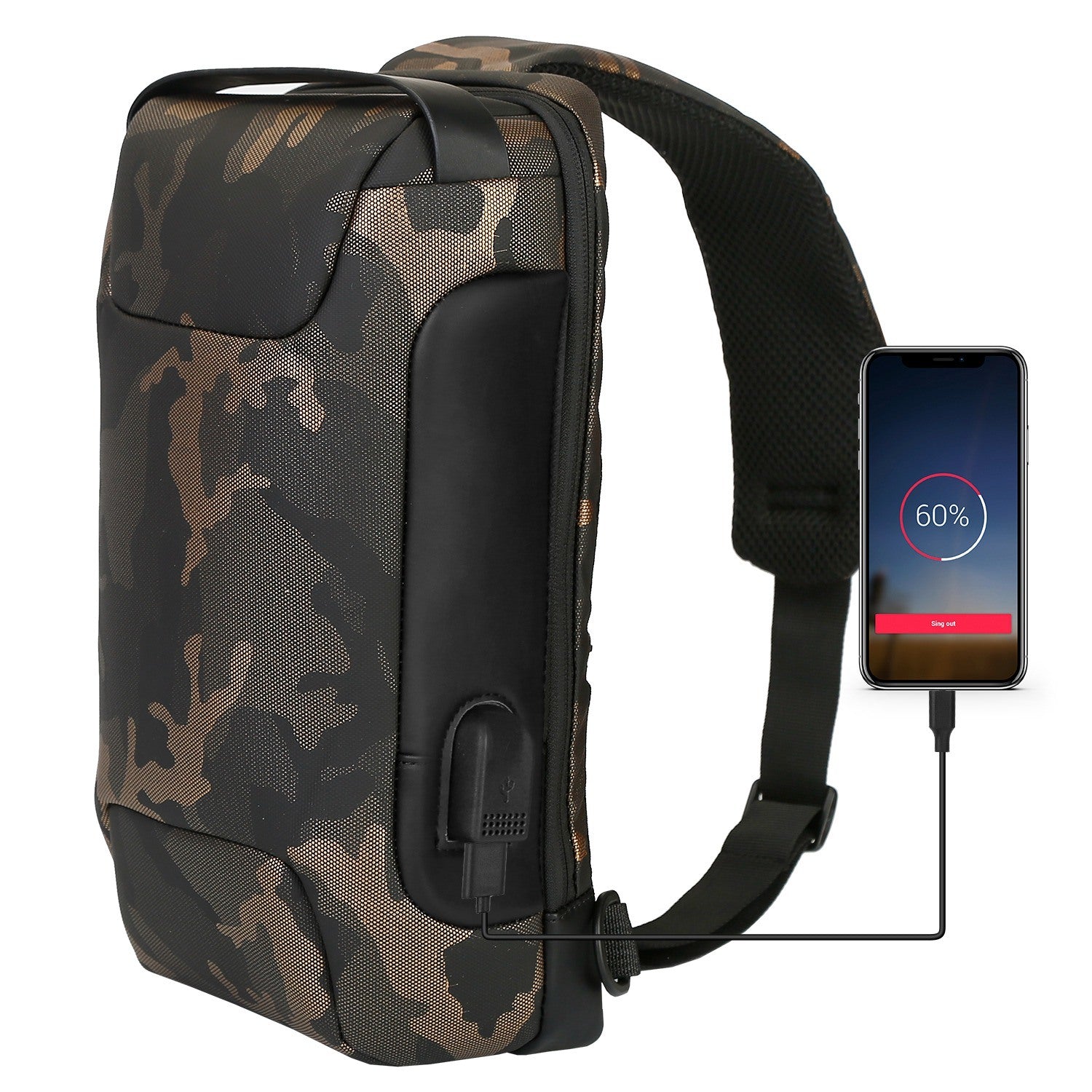 A Men's Sling Backpack Waterproof Anti-theft Shoulder Crossbody Chest Bag Messenger Sling Bag Daypack with USB Charging Port, featuring a smooth outer surface and an adjustable shoulder strap, isolated on a white background.