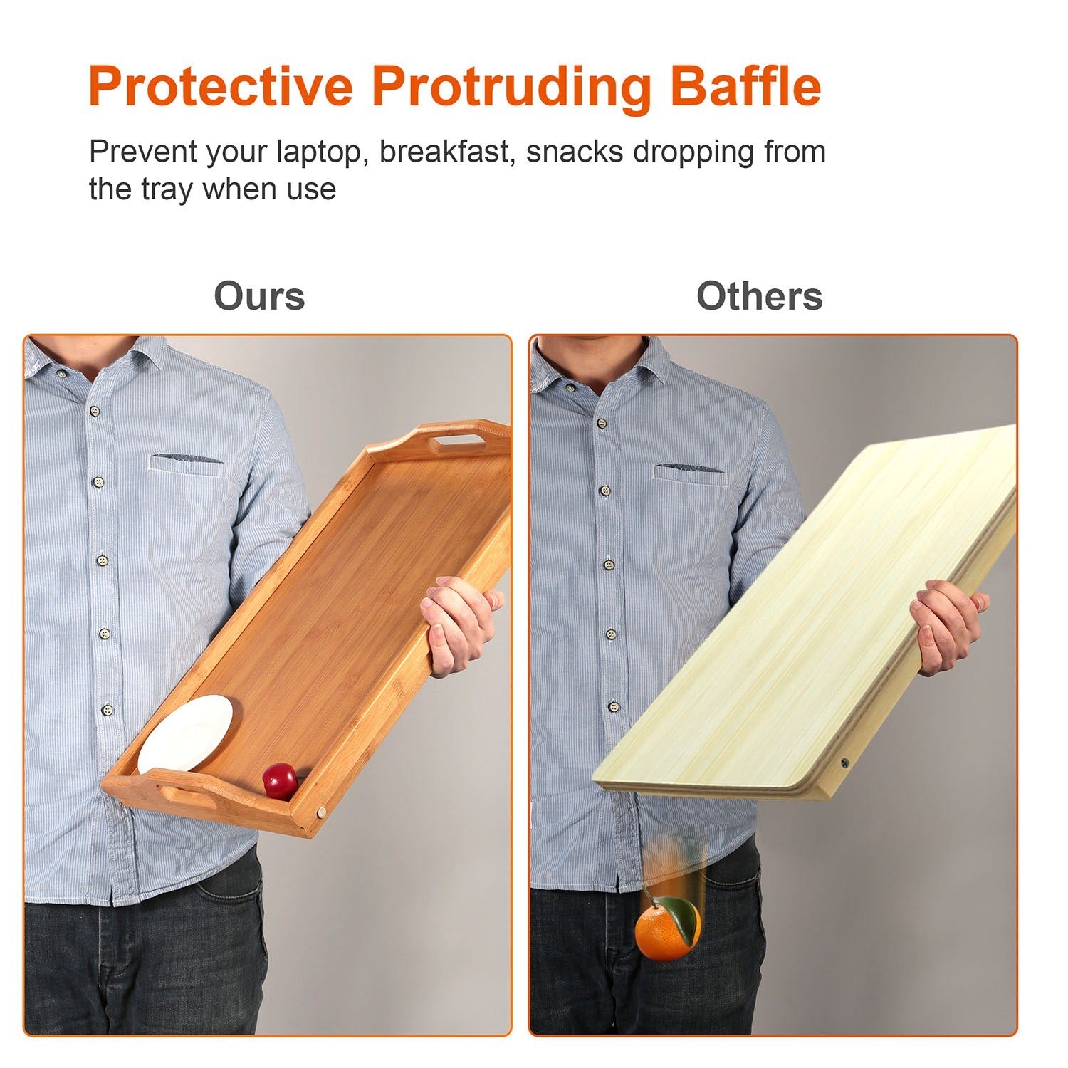 Bamboo Folding Bed Table Breakfast Tray with legs, holding a cup, fruits, a jar of nuts, and a plate with cheese and crackers, on a white background.