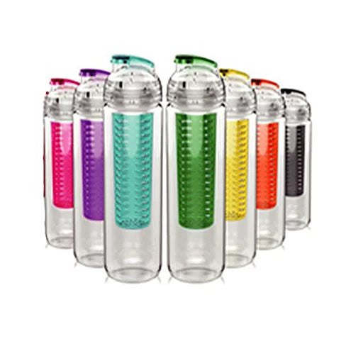 A Fruitcola Dome Fruit Infuser Water Bottle with a built-in fruit infuser, surrounded by fresh strawberries, kiwi, lemon, and mint leaves.