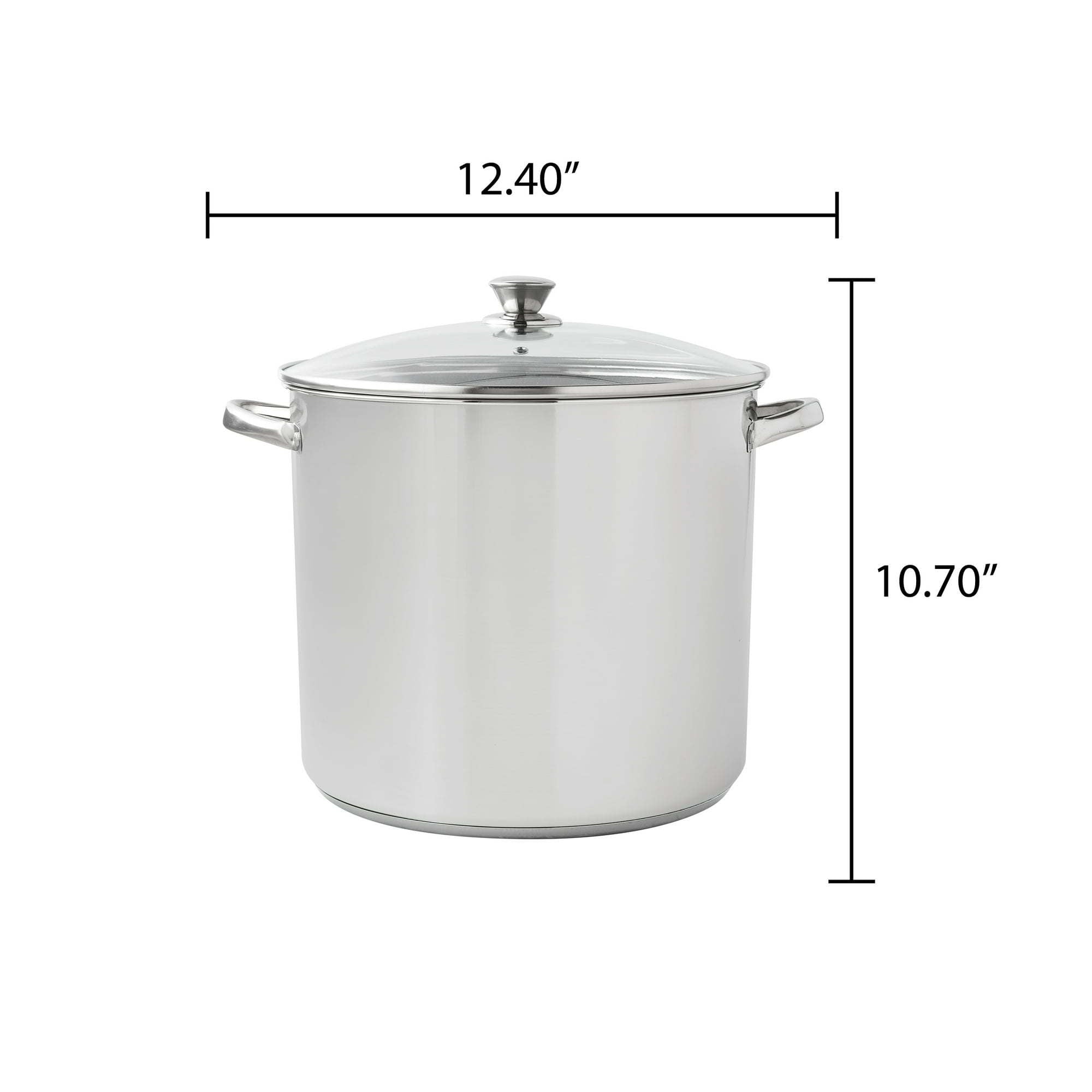 Stainless Steel 20-Quart Stock Pot with Glass Lid isolated on a white background.