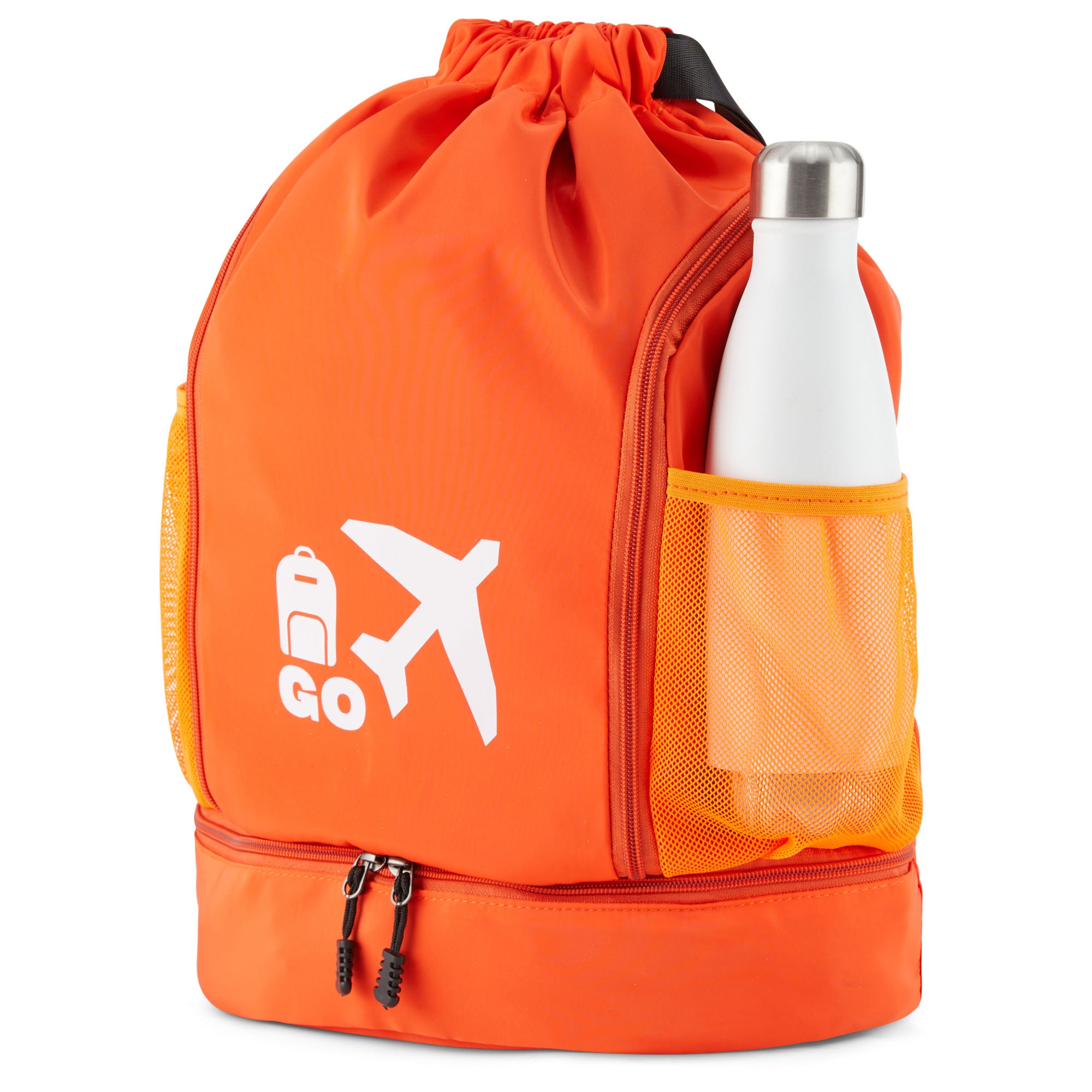 Clarissa GO Bag with a white airplane and suitcase icon, featuring an external pocket and a purple smartphone in a side holder.