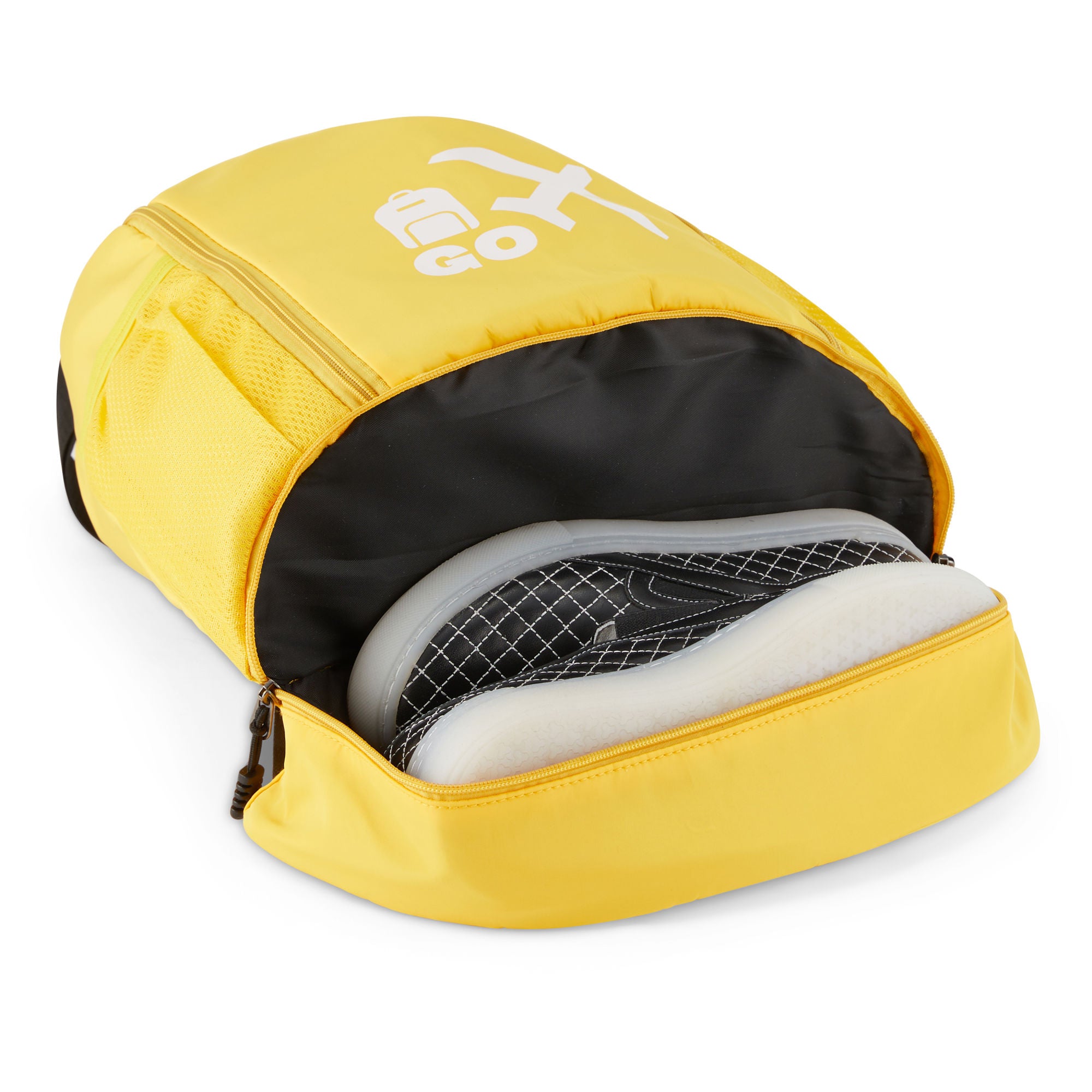 Clarissa GO Bag with a white airplane and suitcase icon, featuring an external pocket and a purple smartphone in a side holder.