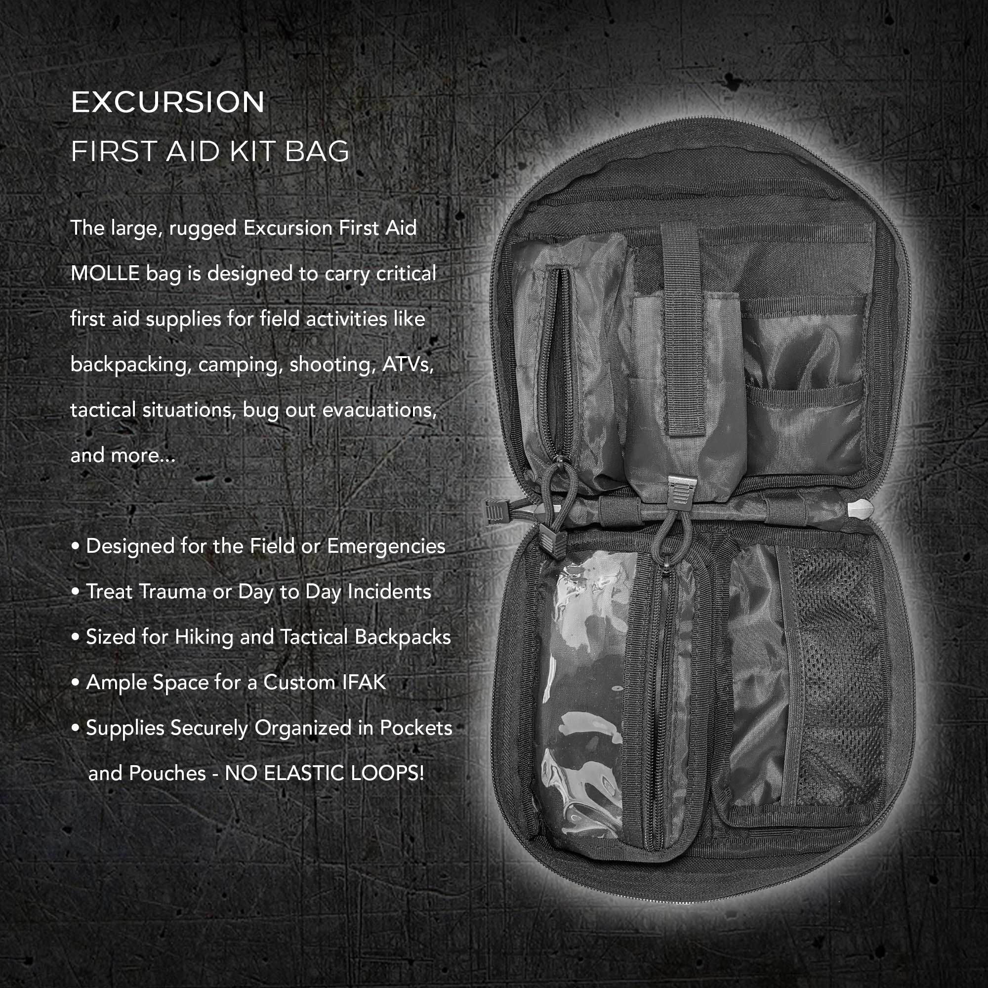 Black First Aid MOLLE bag unzipped to show interior compartments for rapid access supplies, and a view of the closed pouch next to it.