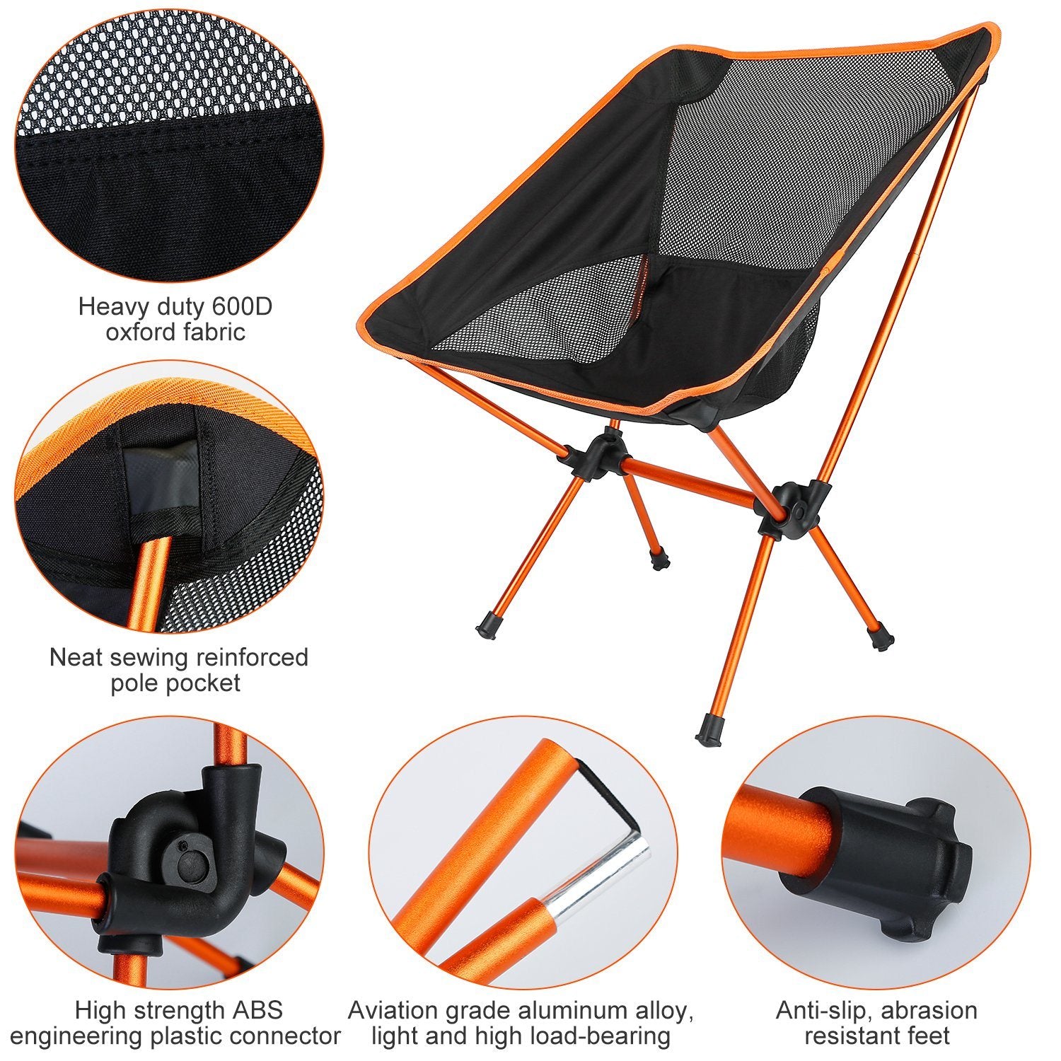 A lightweight and black Foldable Camping Chair Collapsible Ultra-light Camping Chair Backpacking Chair for Outdoor Camping Fishing BBQ Beach Picnic with a mesh backrest and storage pouches on a white background.