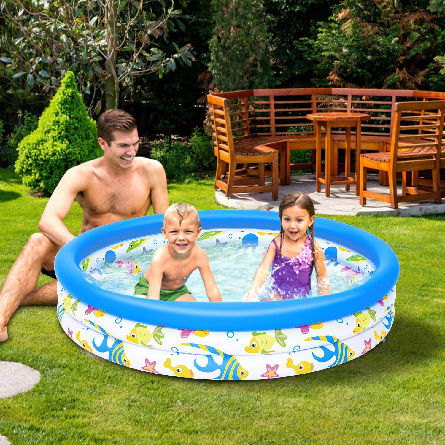 The 48x10In Inflatable Swimming Pool Blow Up Family Pool For 2 Kids Foldable Swim Ball Pool Center with separate air columns highlighted; an air pump is shown with icons indicating fast inflation and deflation. Safety warnings are visible on the pool's side. This premium materials splashing pool party feature ensures durability and fun for all ages.