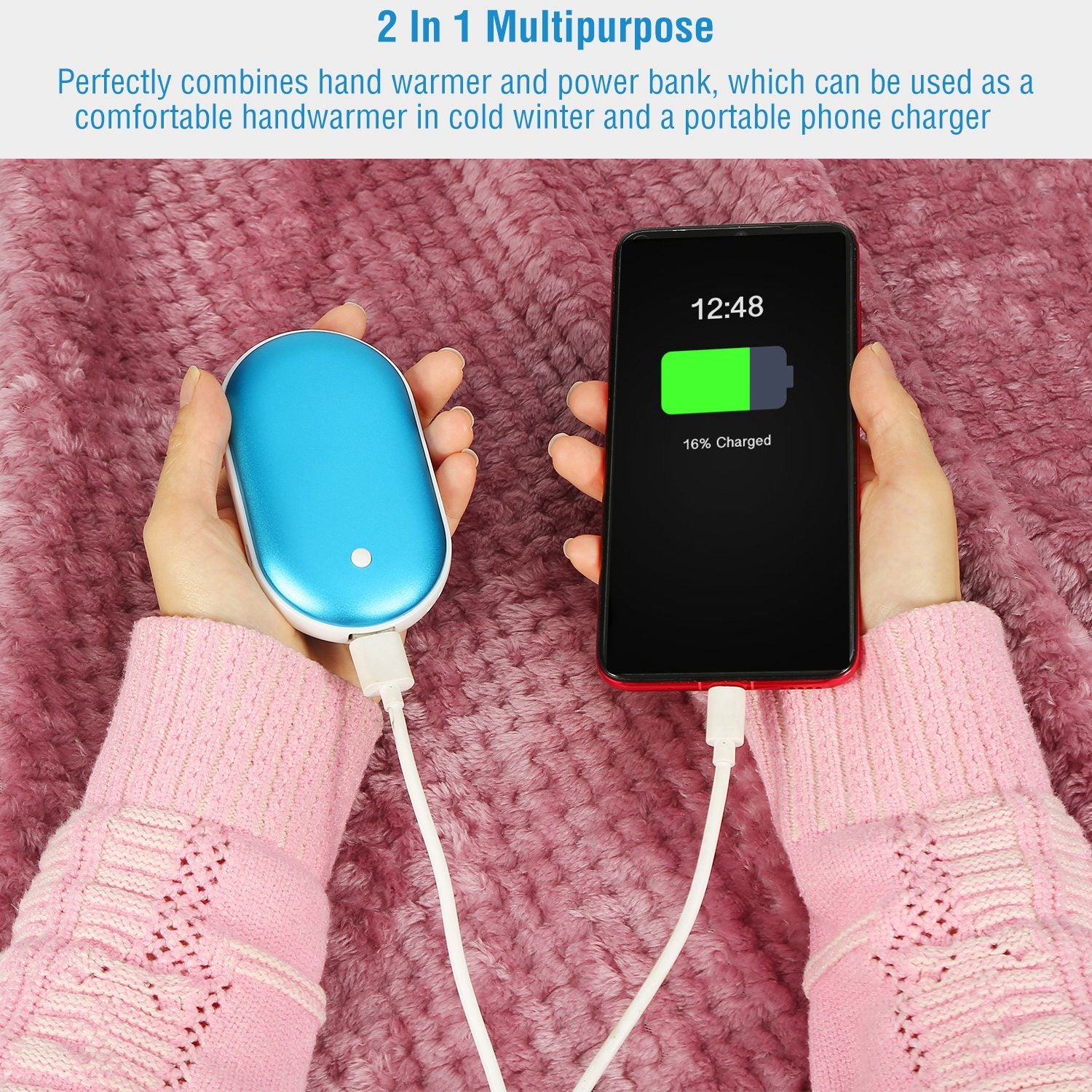 Silver Portable Hand Warmer 5000mAh Power Bank Rechargeable Pocket Warmer Double-Sided Heating Hand Warmer with a round power button, LED indicators, and a USB port on a white background.