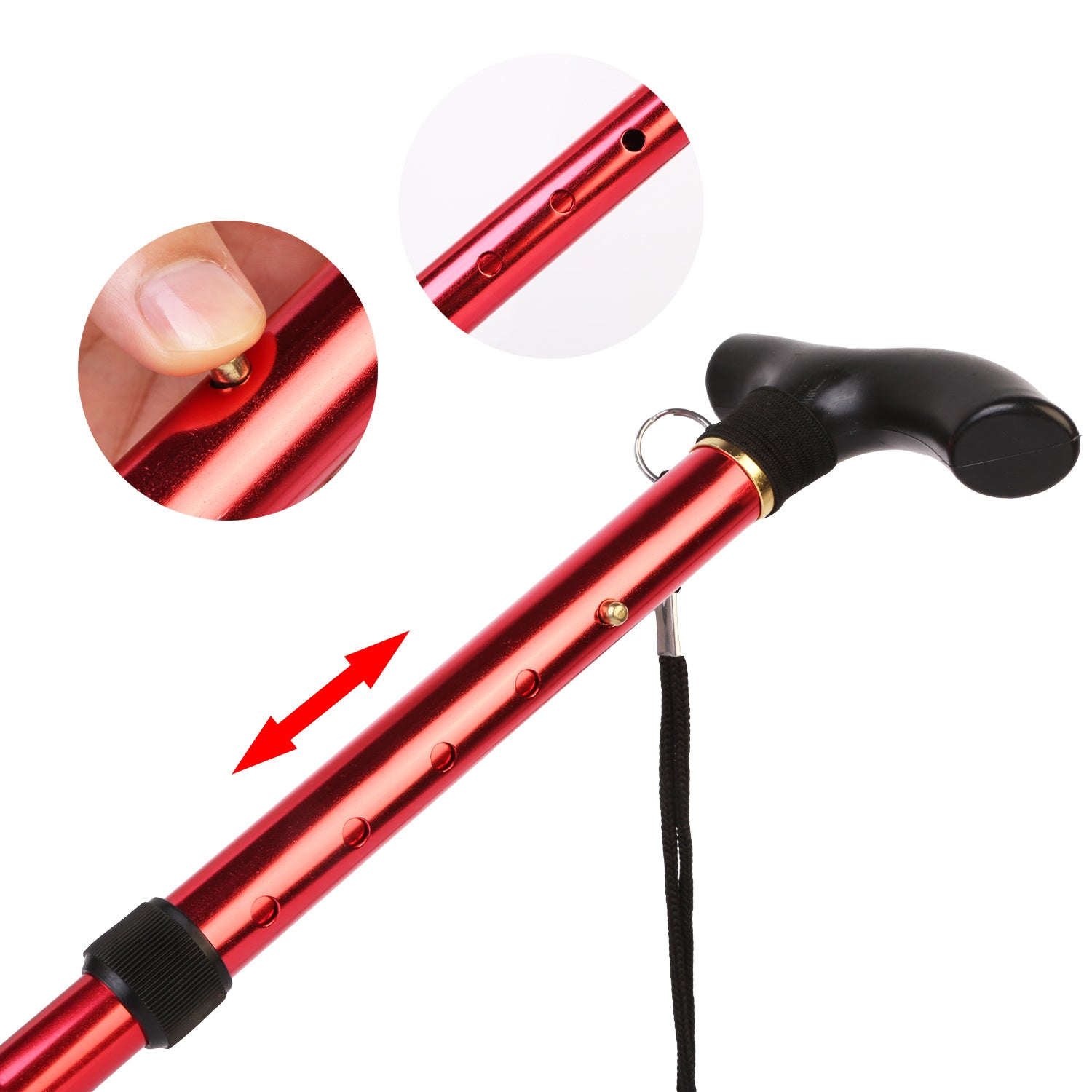 Red Walking Cane Aluminum Alloy Walking Stick Adjustable Folding Travel Hiking Stick extended and folded, isolated on a white background.
