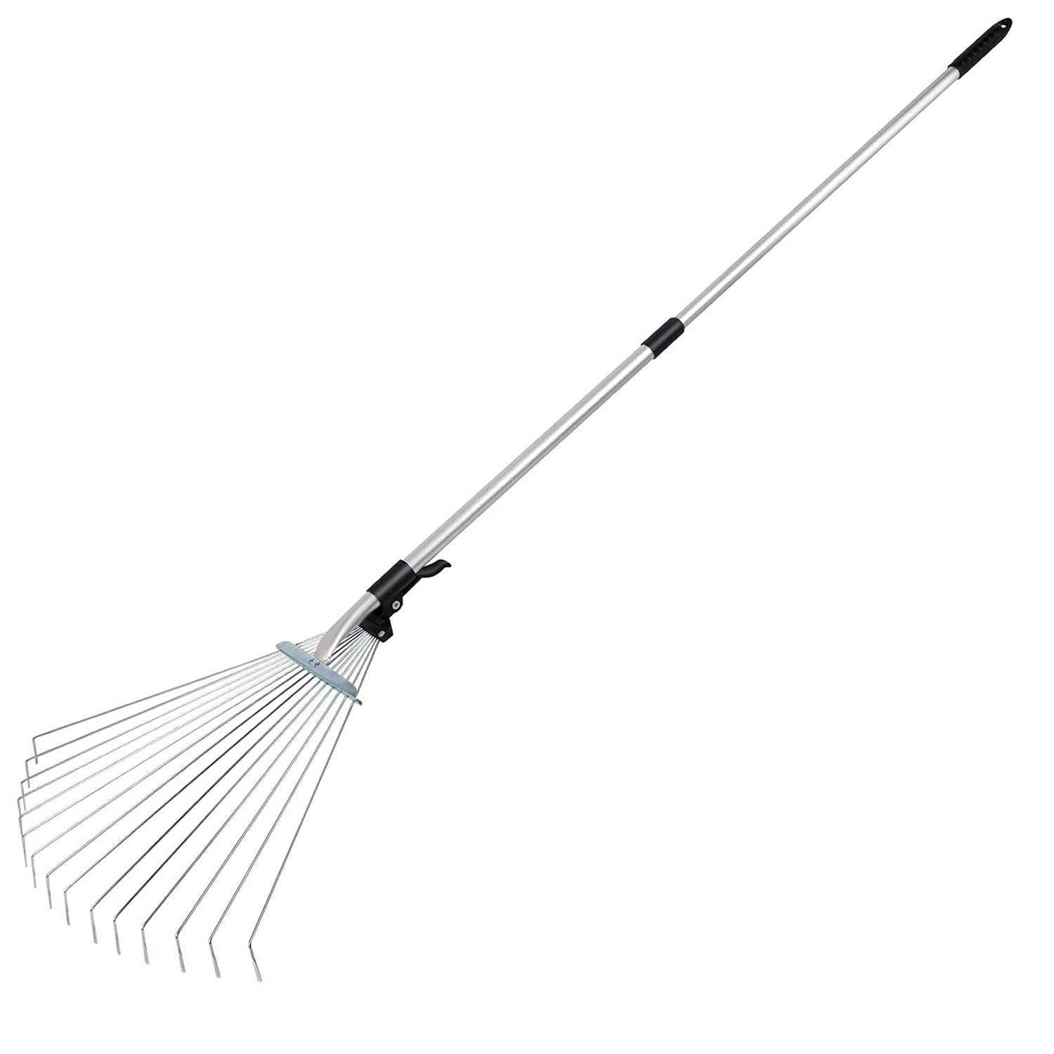 63in Adjustable Garden Leaf Rake 15 Teeth Expanding Stainless Steel Rake For Quick Clean Lawn Yard Garden with an adjustable white handle and black grip on a white background.