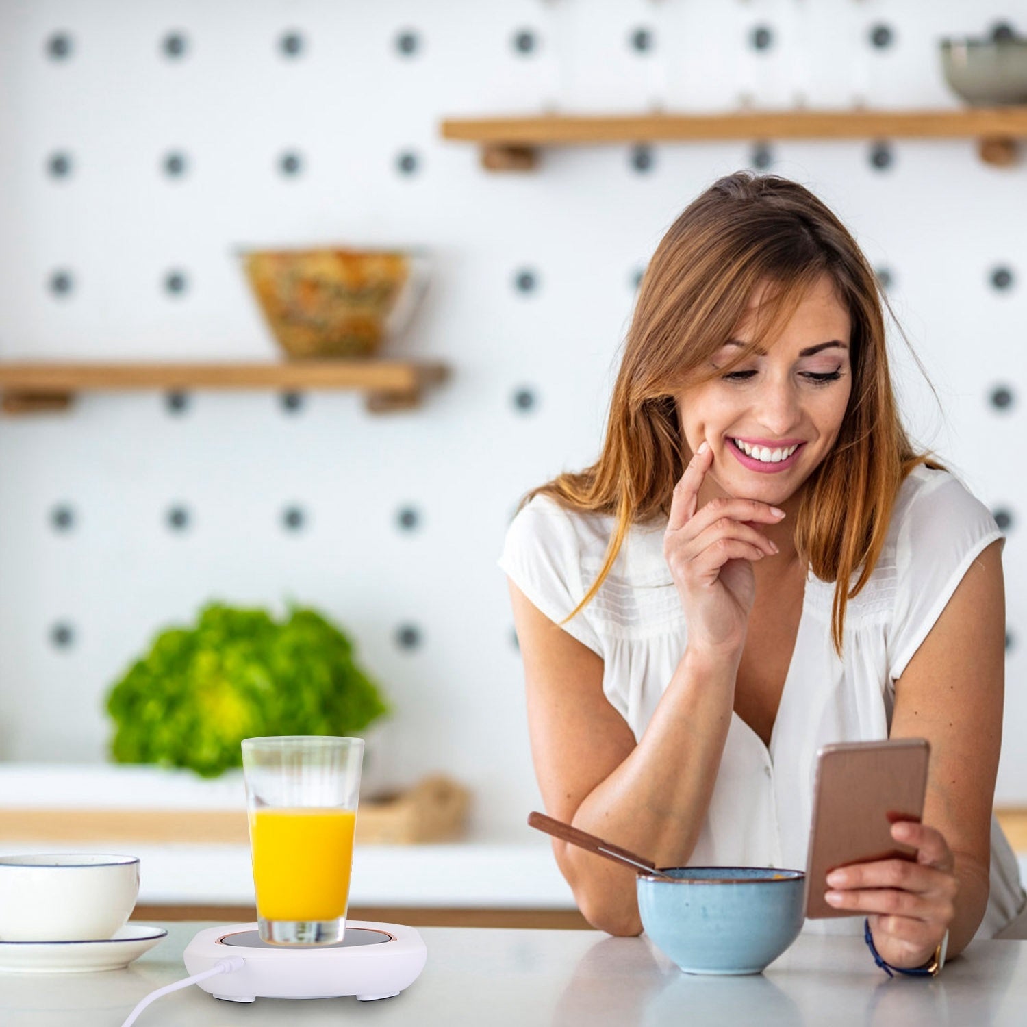 A pink Electric Coffee Mug Warmer for Desk Auto Shut off USB Tea Milk Beverage Cup 3 Temperature Setting with a digital display showing the temperature at 55 degrees Celsius and auto off feature.