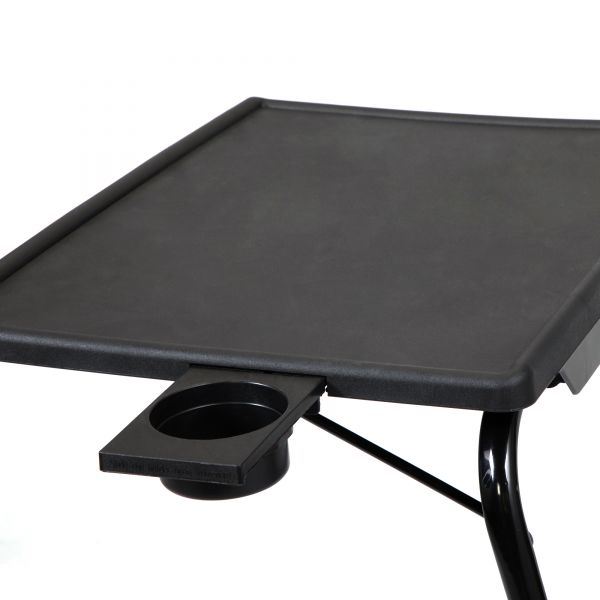 Black Adjustable TV Tray Table with Cup Holder;  Folding TV Dinner Table with 6 Height and 3 Tilt Angle Adjustments, isolated on a white background.