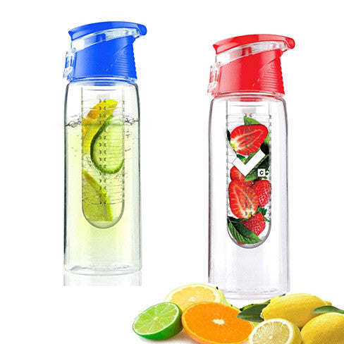 Two Fruit Cola Bottles a Fruit Infuser Drink Bottle with fruit infusers, one with cucumber and mint, the other with strawberries, isolated on white background.