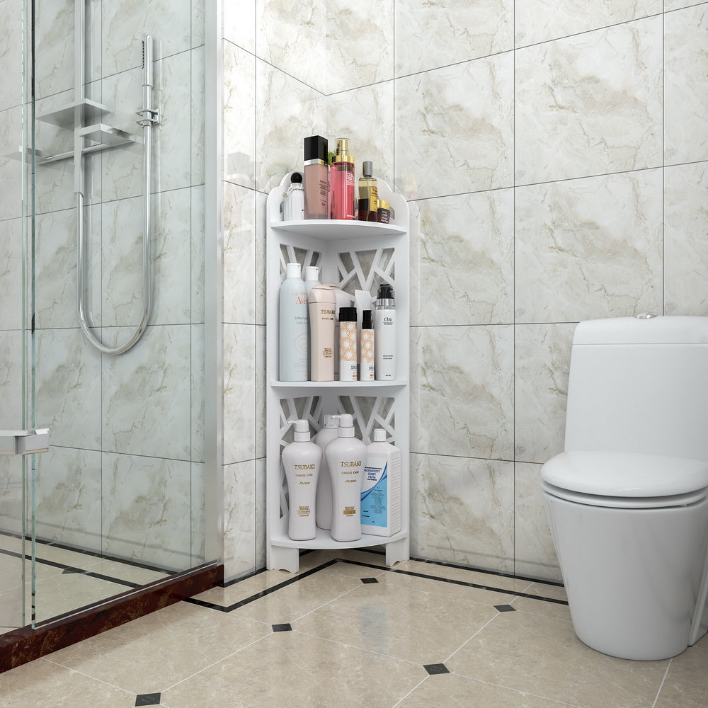 A white Free shipping 3 Tier Corner Shower Shelf Waterproof stocked with various toiletries next to a toilet in a modern bathroom with marble tiles.