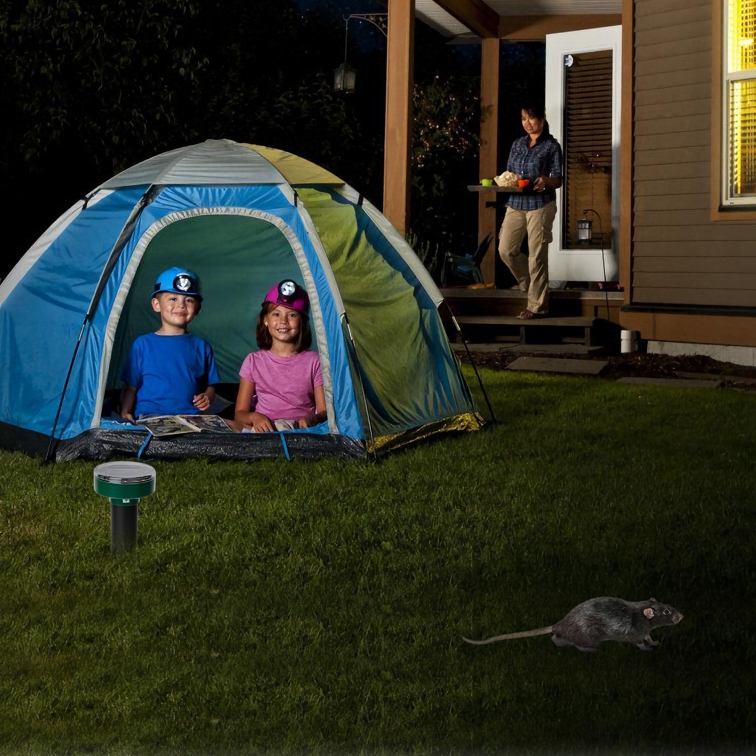 Four 4Pcs Solar Powered Mole Repeller Sonic Gopher Stakes inserted in the ground with icons emphasizing their features like waterproof protection and safety, beside a girl and a chicken in a grassy yard.