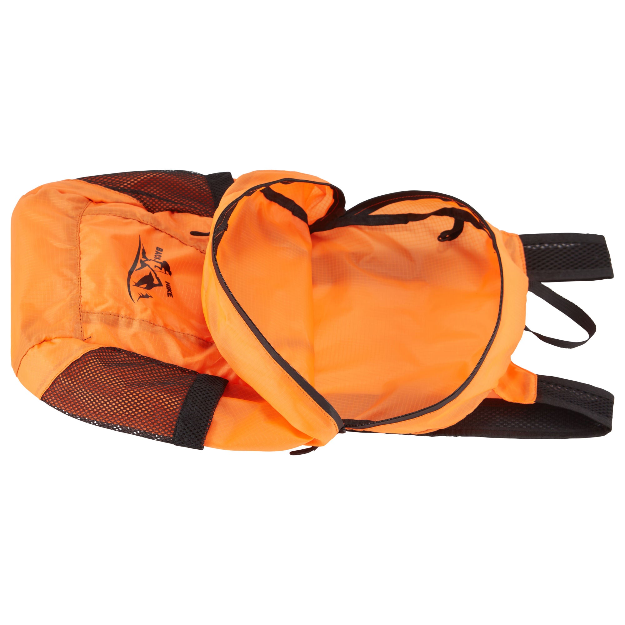 A hand holding a small, black HIKE Back- Folding Backpack with a white hiker icon printed on it, isolated against a white background.